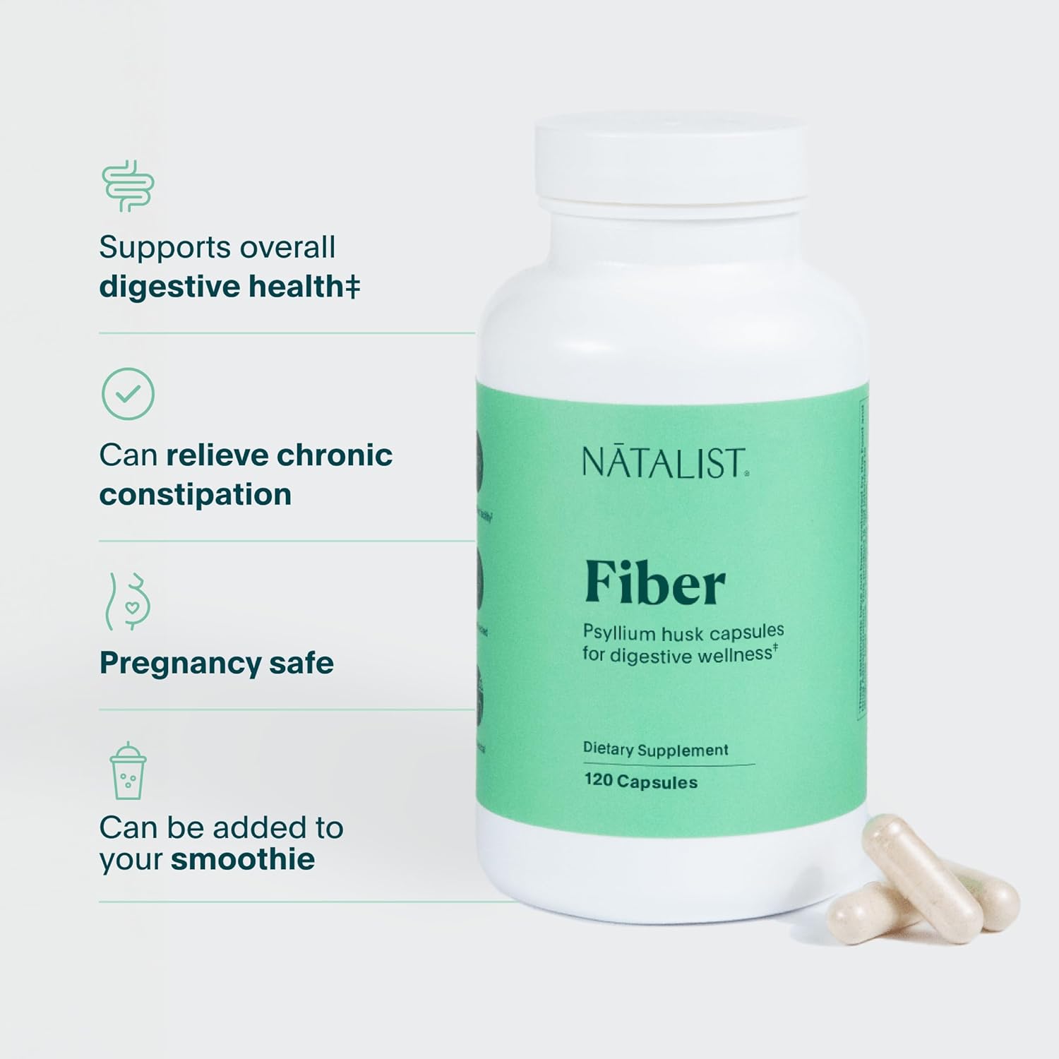 Plant-Based Psyllium Husk Supplement for Digestive Wellness & Gut Health - 120 Capsules, 2,175mg Daily Prebiotic for Women, Pregnancy-Safe, Gluten-Free