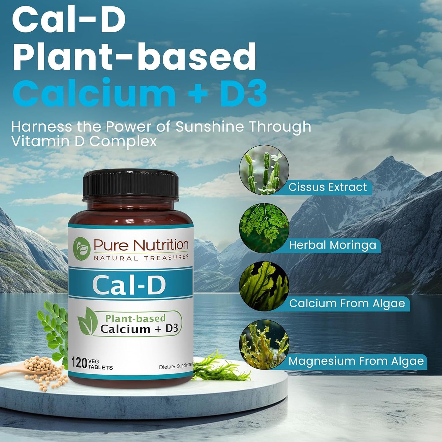 Plant-Based Pure Nutrition Cal D - Algae Calcium Supplement with Vitamin D3, K2, and Magnesium - Vegan Friendly - 120 Tablets - 500mg Calcium per Serving