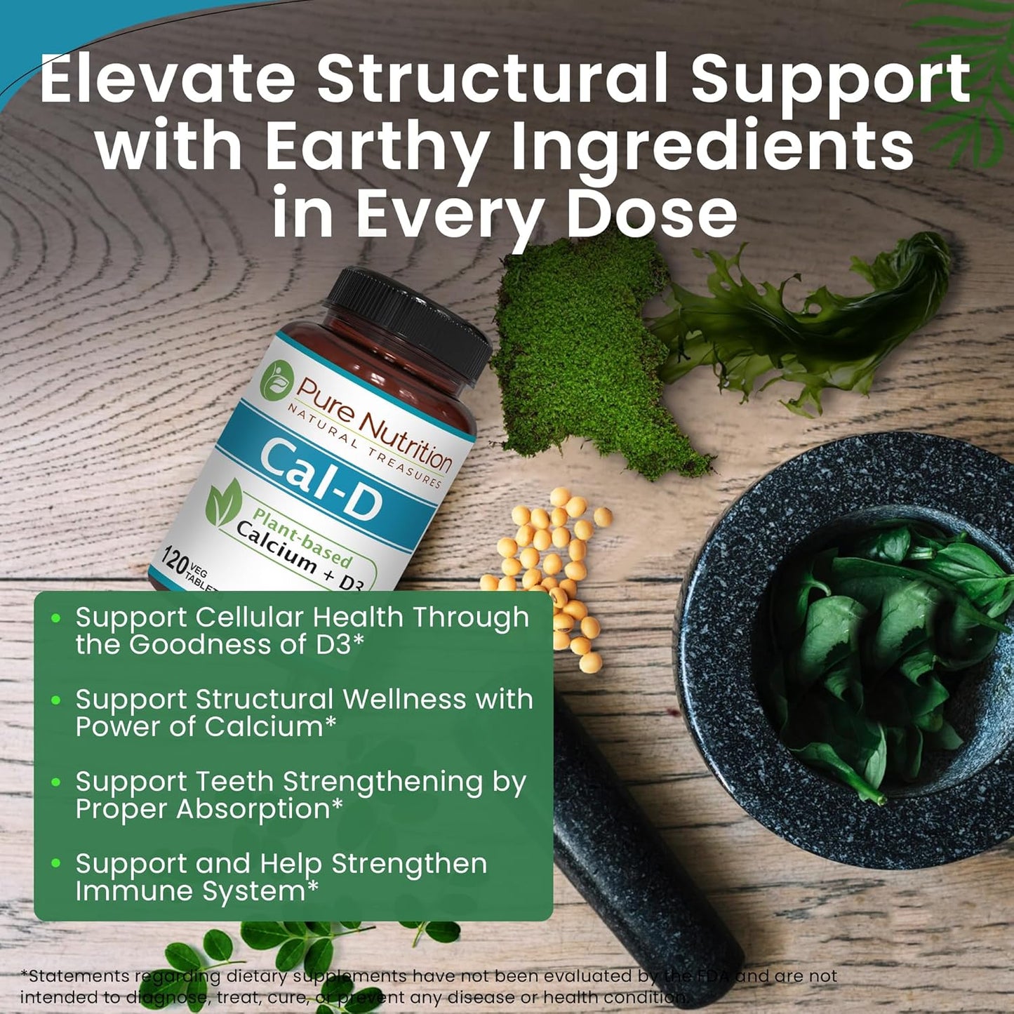 Plant-Based Pure Nutrition Cal D - Algae Calcium Supplement with Vitamin D3, K2, and Magnesium - Vegan Friendly - 120 Tablets - 500mg Calcium per Serving