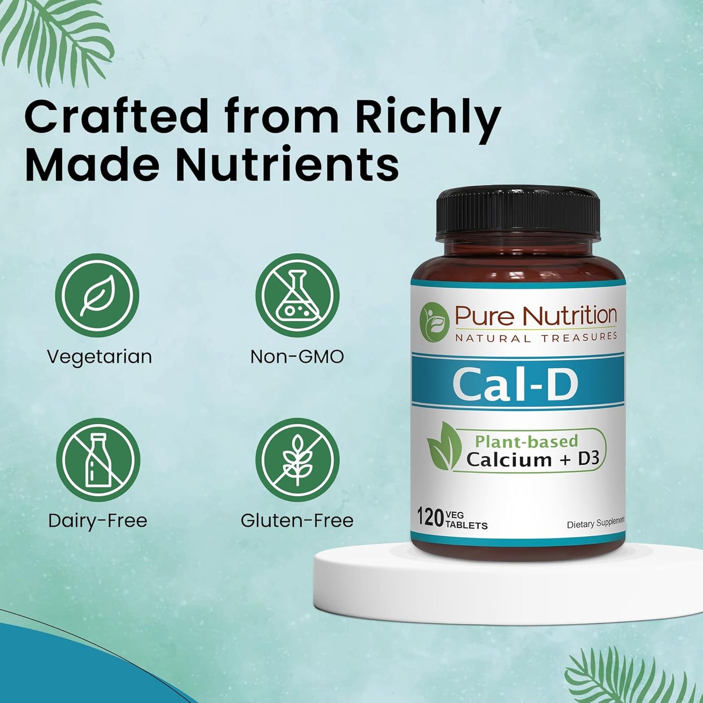 Plant-Based Pure Nutrition Cal D - Algae Calcium Supplement with Vitamin D3, K2, and Magnesium - Vegan Friendly - 120 Tablets - 500mg Calcium per Serving