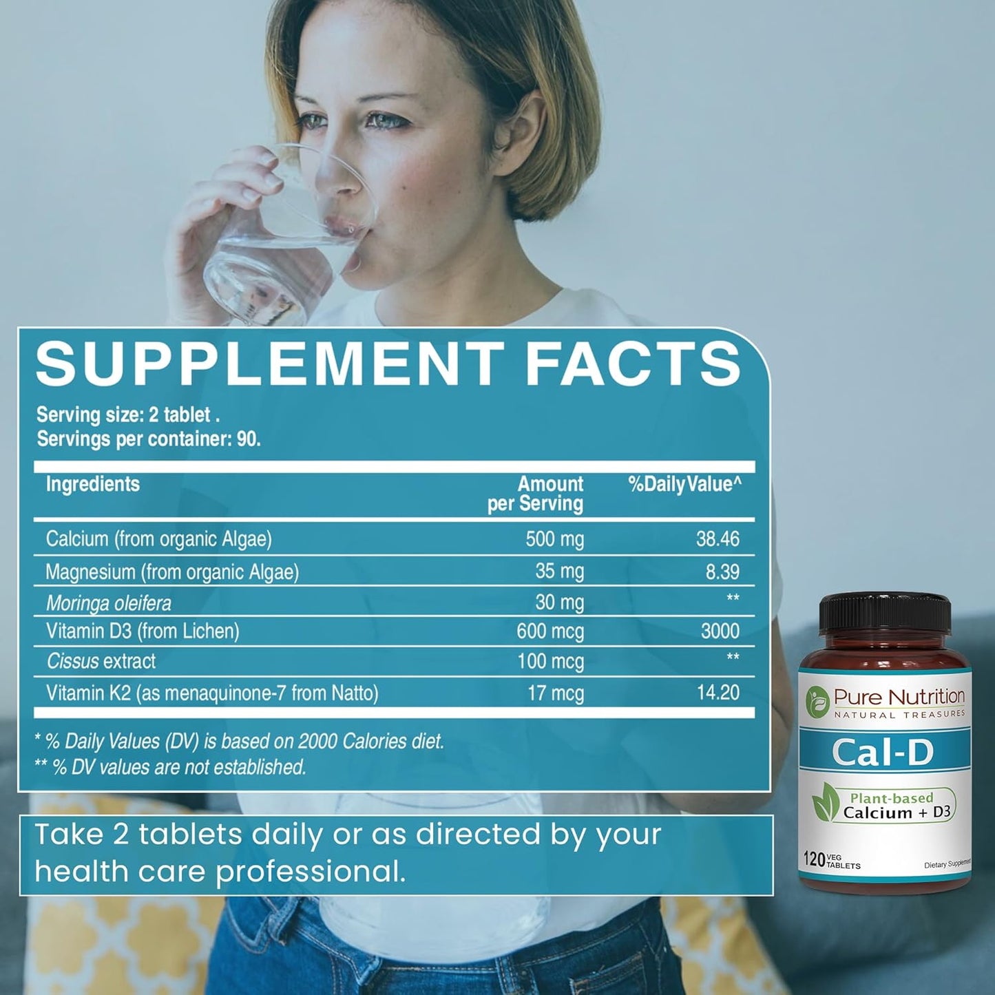 Plant-Based Pure Nutrition Cal D - Algae Calcium Supplement with Vitamin D3, K2, and Magnesium - Vegan Friendly - 120 Tablets - 500mg Calcium per Serving