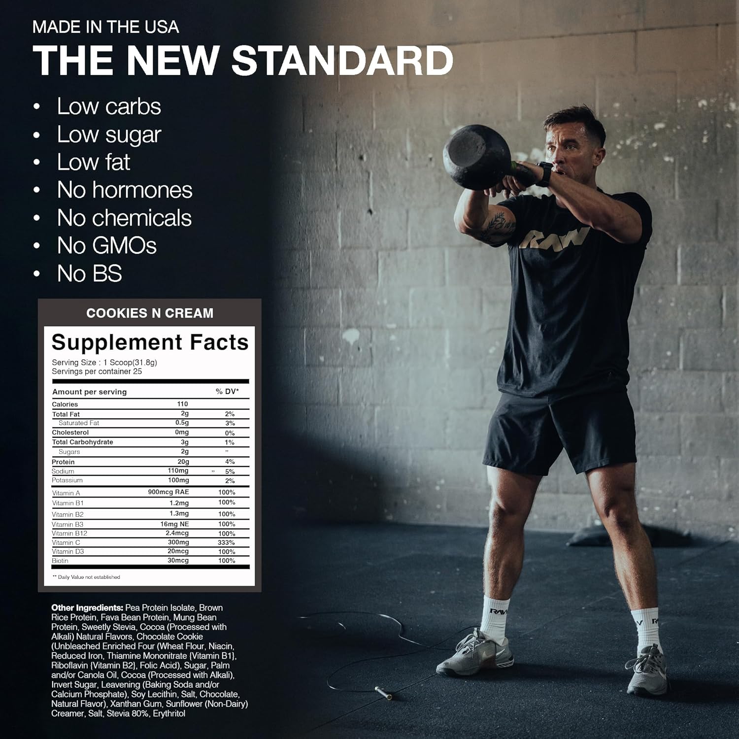 Plant-Based RAW Vegan Protein Powder, Cookies N Cream - Fortified with Vitamins for Muscle Growth & Recovery - Low-Fat, Low Carb, Naturally Sweetened - 25 Servings