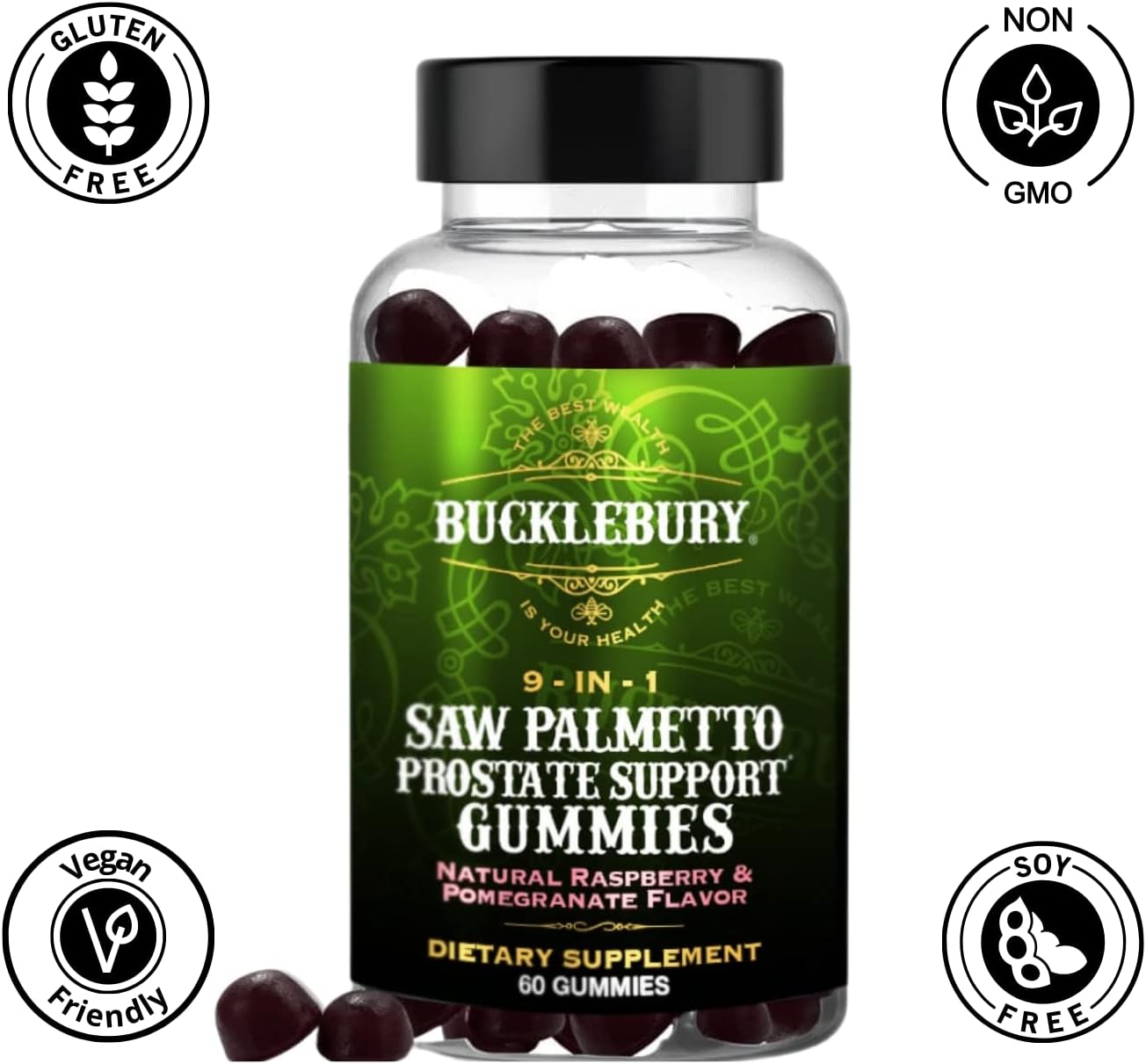 Plant-Based Saw Palmetto Gummies for Prostate Support - Natural Raspberry & Pomegranate Flavour - 60 Gummies