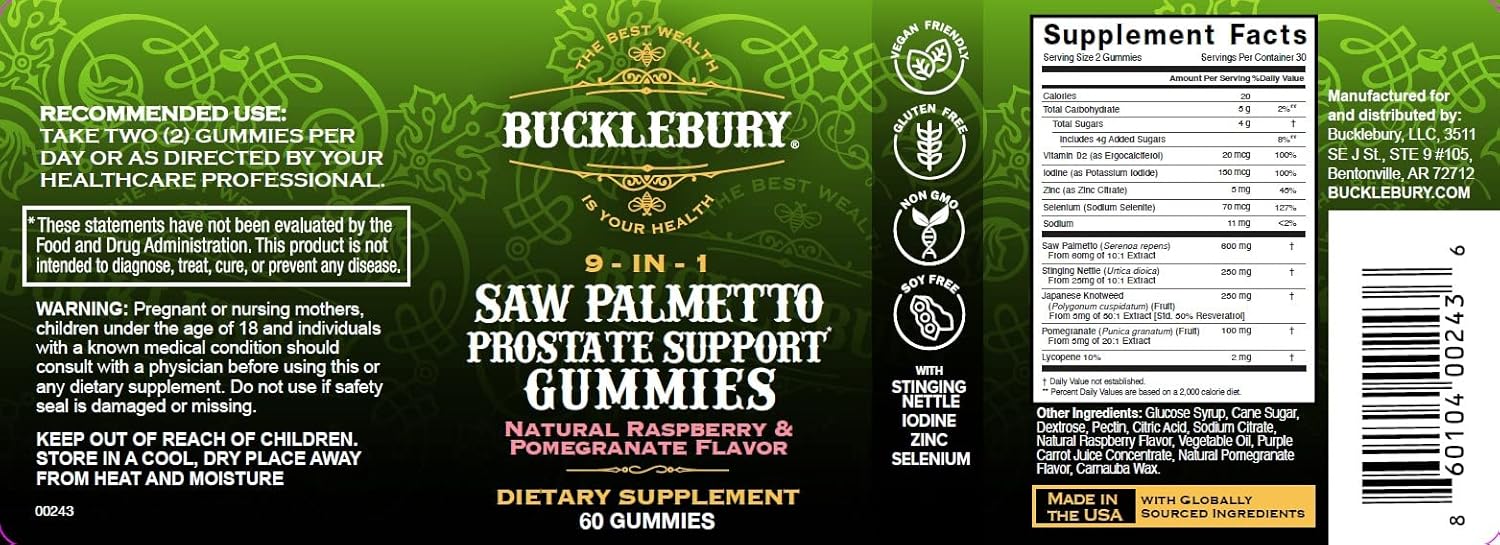 Plant-Based Saw Palmetto Gummies for Prostate Support - Natural Raspberry & Pomegranate Flavour - 60 Gummies