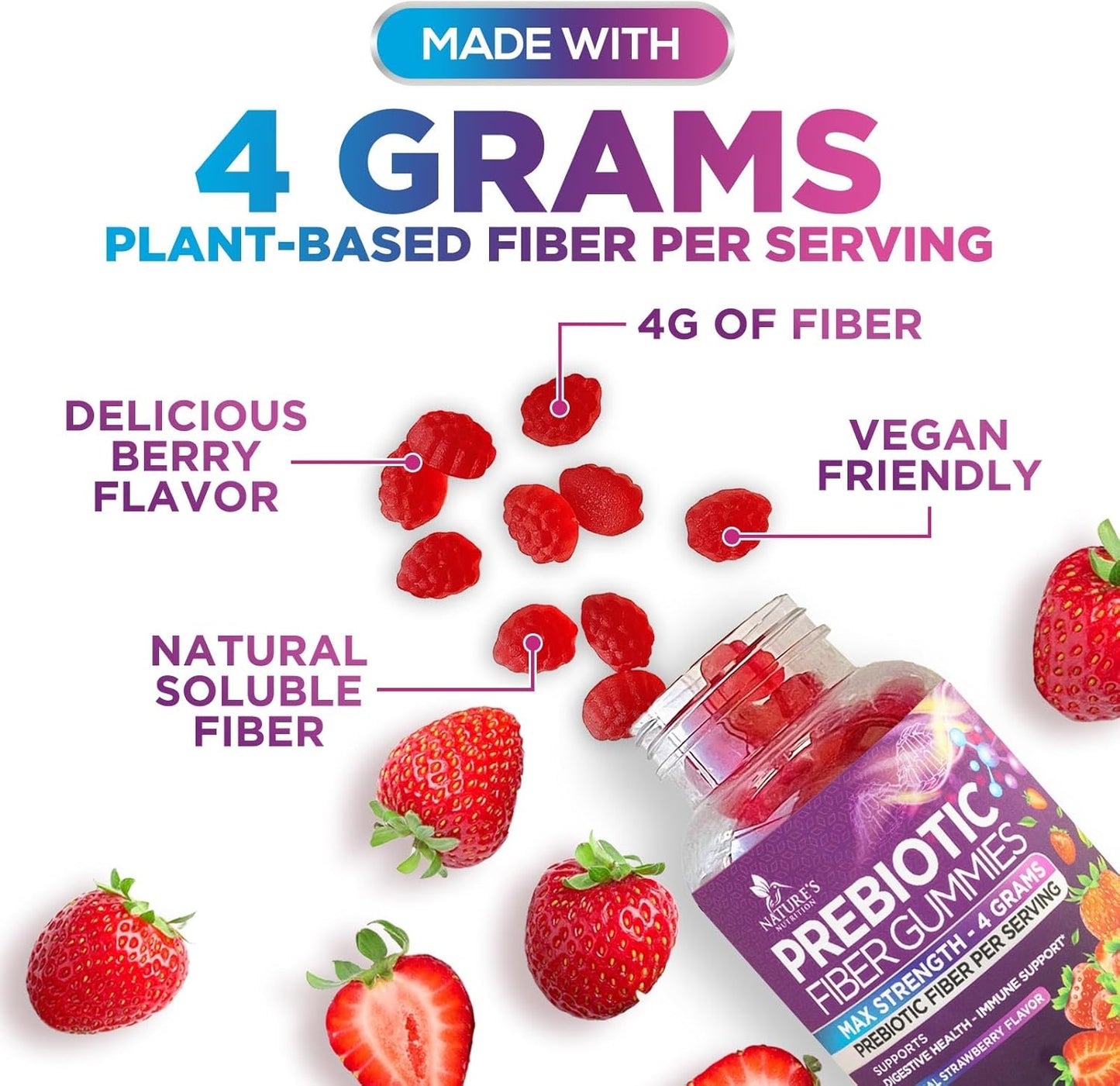 Plant-Based Soluble Fiber Gummies for Adults - 4g Daily Fiber Supplement for Digestive Health - Non-GMO Prebiotic Support - 60 Gummies
