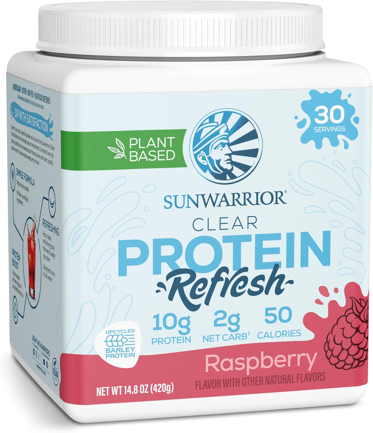 Plant-Based Sunwarrior Clear Protein Powder Water Mix with Vegan Protein, Hydration Additive, Raspberry Flavored - 10g Protein Per Serving - 420g Tub, 30 Servings - Refreshing Clear Protein Refresh