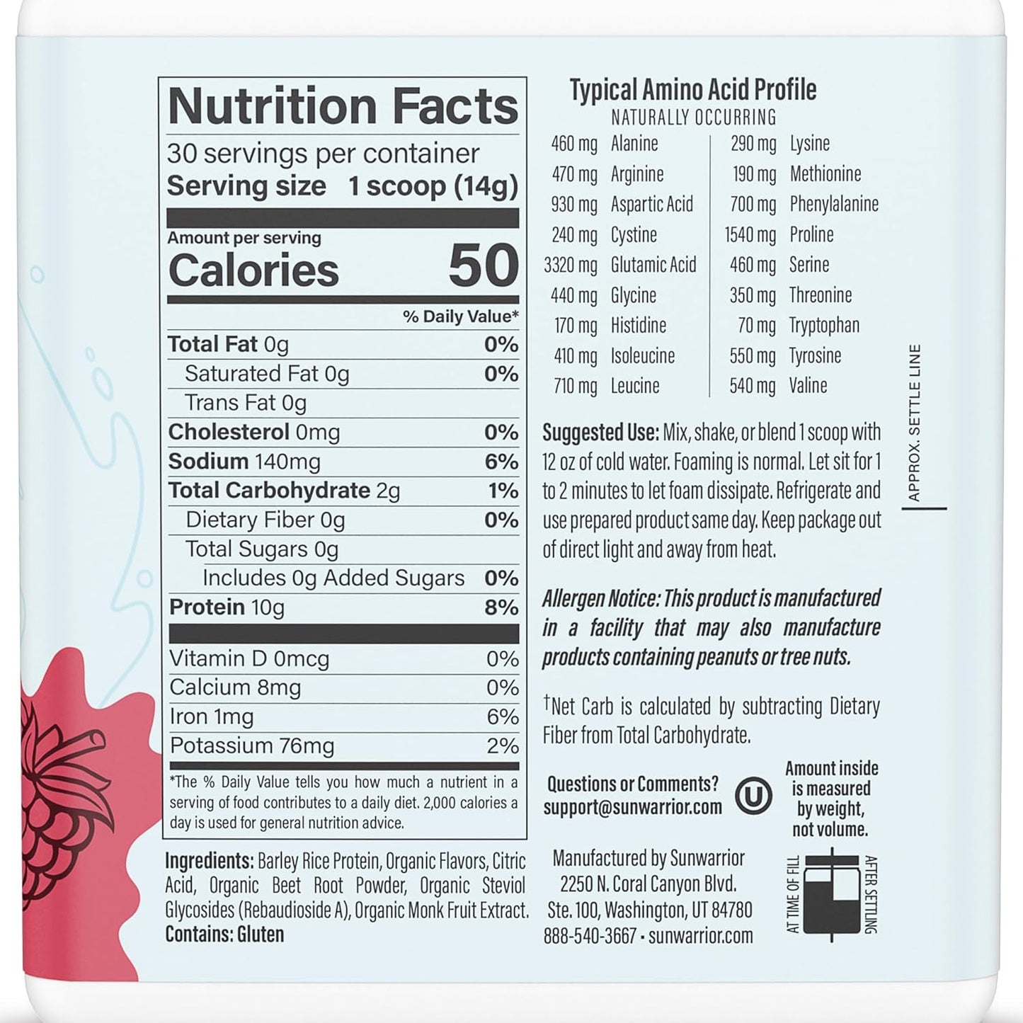 Plant-Based Sunwarrior Clear Protein Powder Water Mix with Vegan Protein, Hydration Additive, Raspberry Flavored - 10g Protein Per Serving - 420g Tub, 30 Servings - Refreshing Clear Protein Refresh