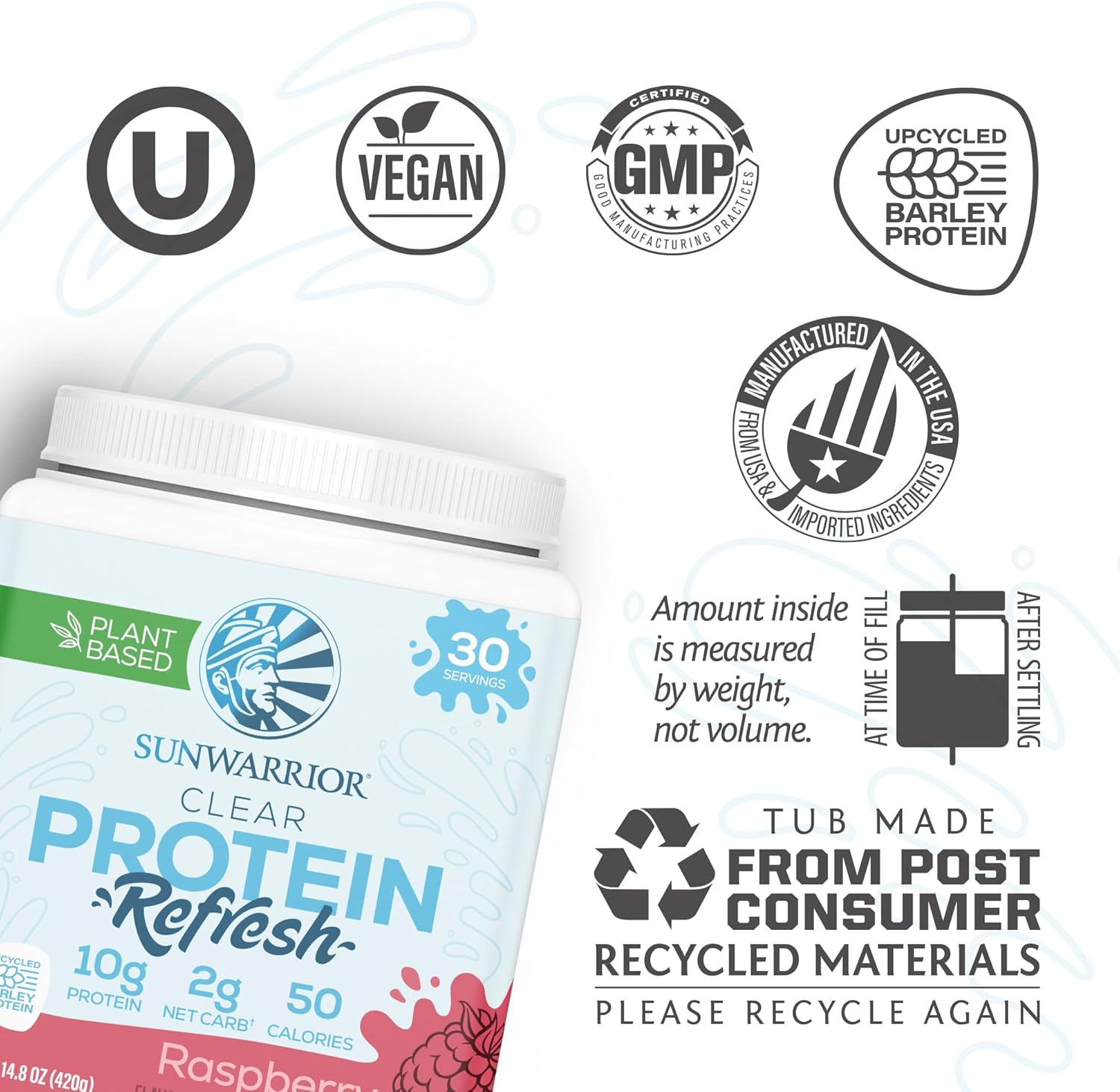 Plant-Based Sunwarrior Clear Protein Powder Water Mix with Vegan Protein, Hydration Additive, Raspberry Flavored - 10g Protein Per Serving - 420g Tub, 30 Servings - Refreshing Clear Protein Refresh
