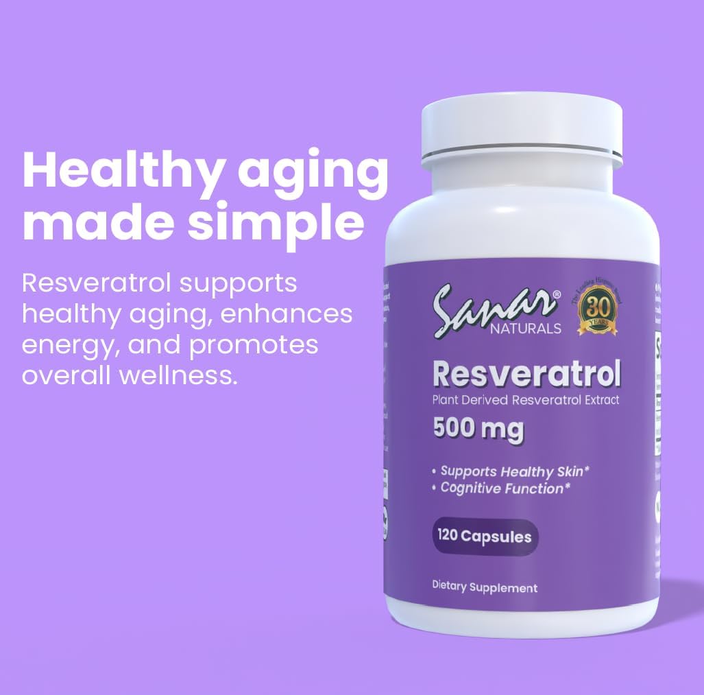 Plant Based Trans Resveratrol Supplement 500mg - Promotes Healthy Aging, Cognitive Function, & Heart Health - Vegan & Non-GMO - 120 Capsules by Sanar Naturals