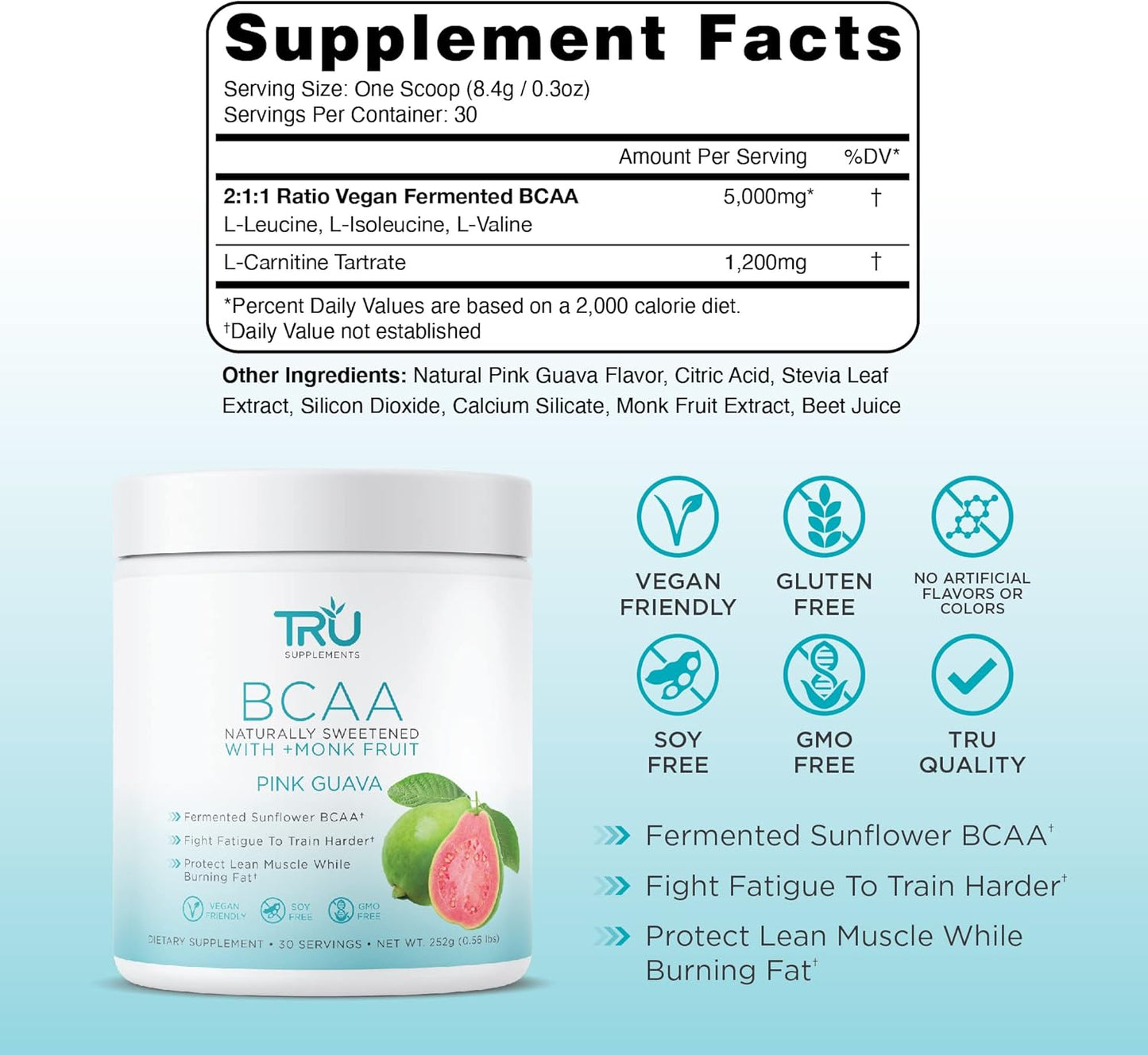 Plant Based TRU BCAA Powder - Vegan Friendly, Zero Calories, Pink Guava Flavor - 30 Servings