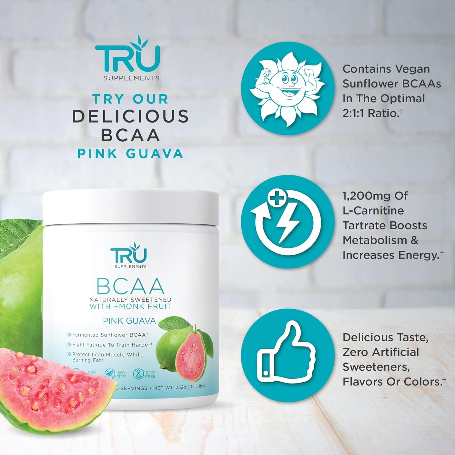 Plant Based TRU BCAA Powder - Vegan Friendly, Zero Calories, Pink Guava Flavor - 30 Servings