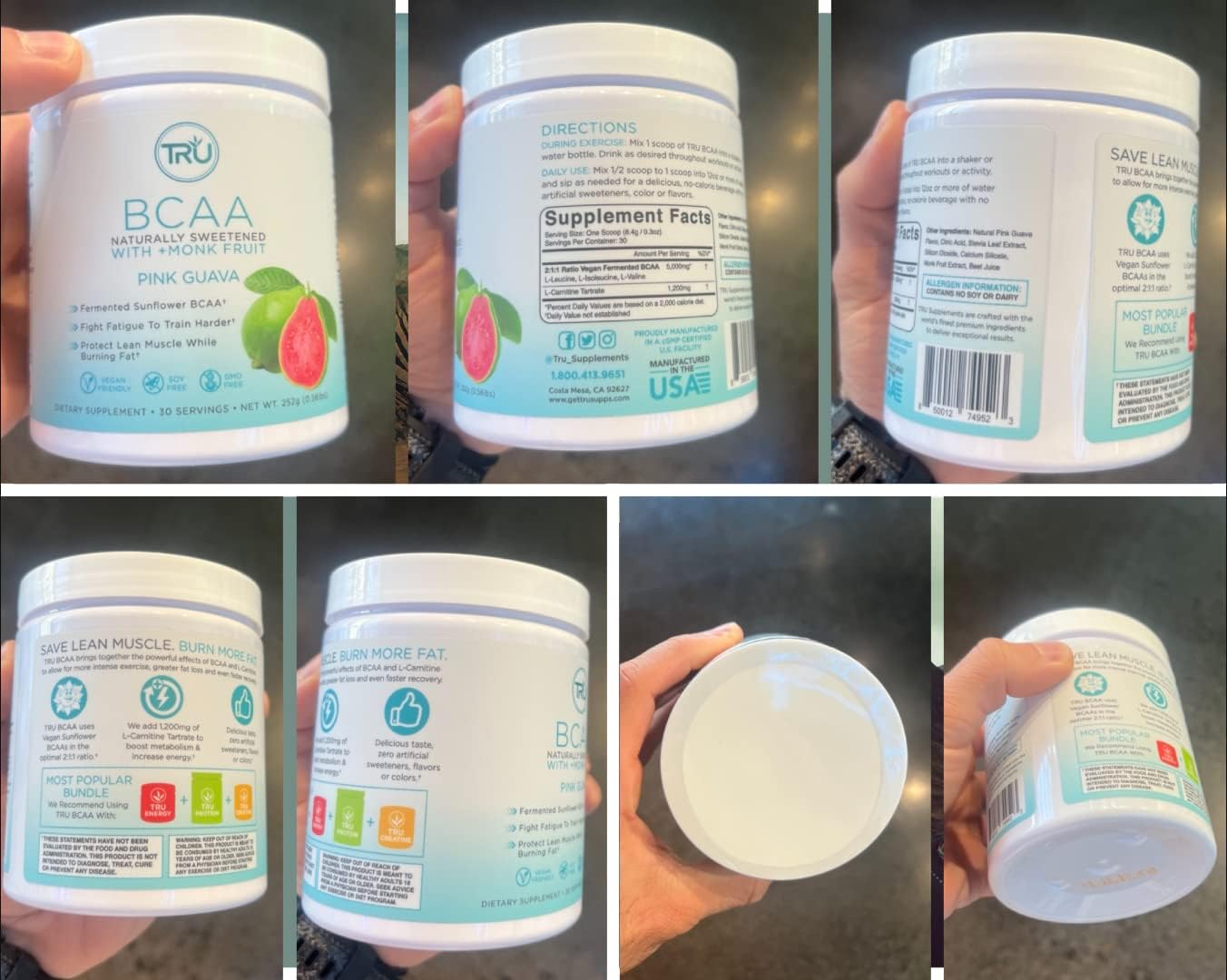 Plant Based TRU BCAA Powder - Vegan Friendly, Zero Calories, Pink Guava Flavor - 30 Servings