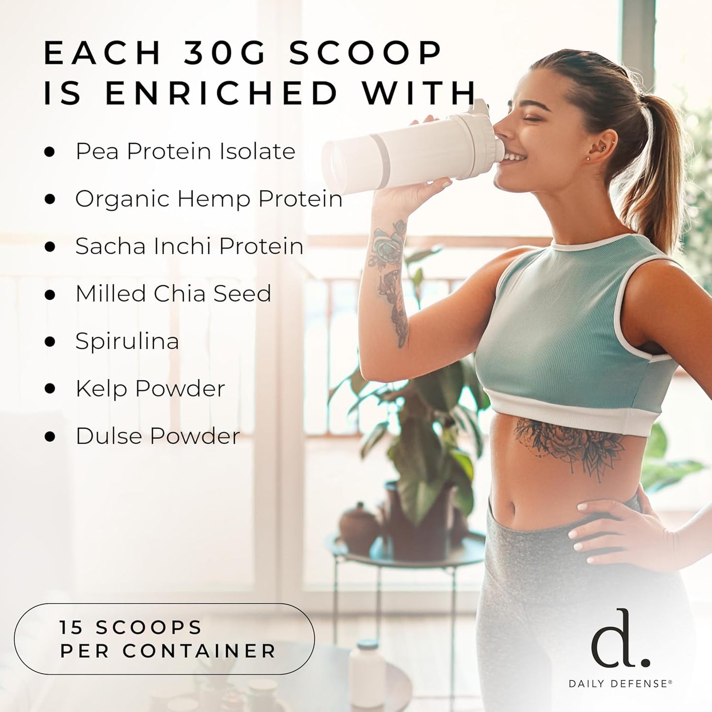 Plant-Based Vanilla Protein Powder - 454g with 21g of Vegan Protein per Serving - Low Sugar, Daily Defense Protein Powder for Women & Men