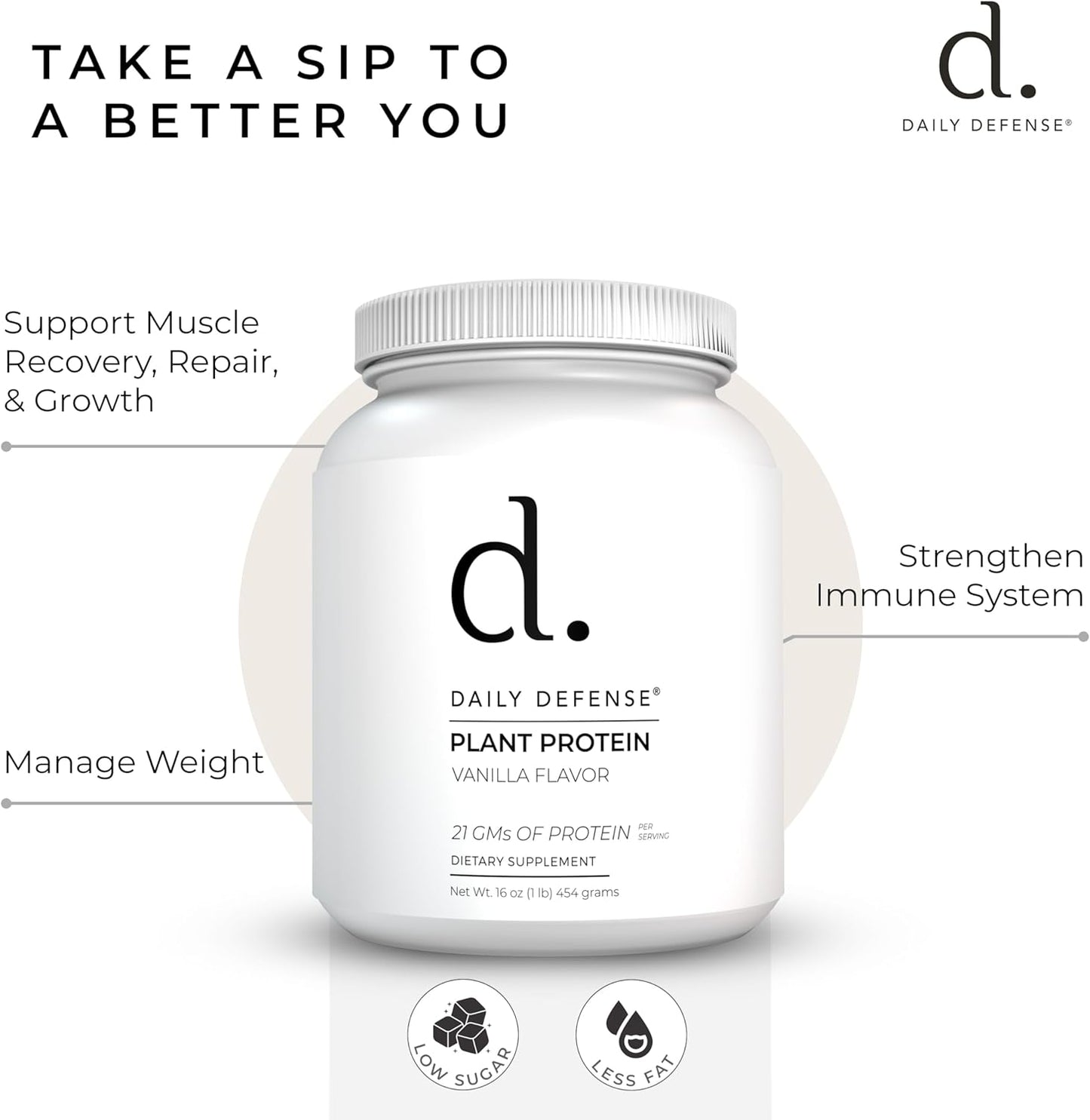 Plant-Based Vanilla Protein Powder - 454g with 21g of Vegan Protein per Serving - Low Sugar, Daily Defense Protein Powder for Women & Men