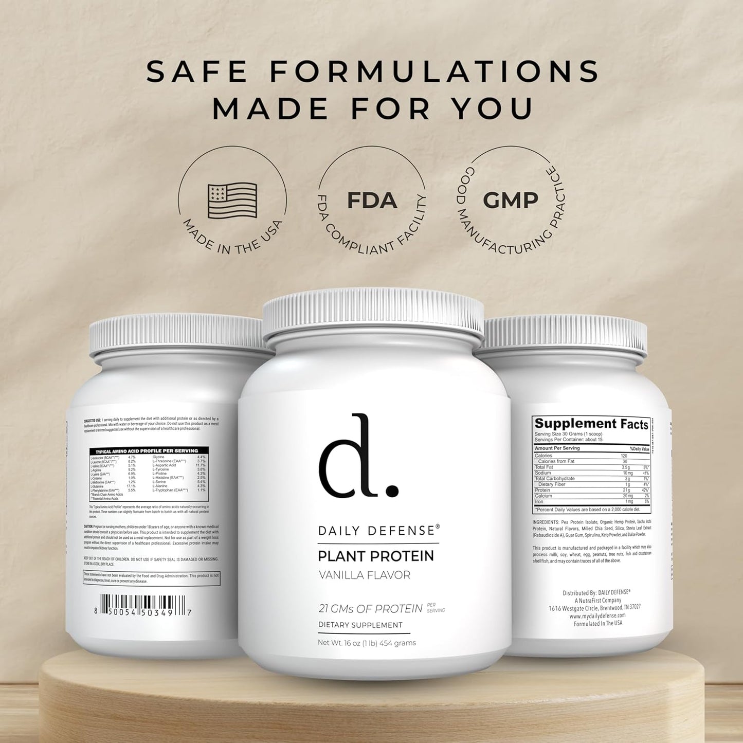 Plant-Based Vanilla Protein Powder - 454g with 21g of Vegan Protein per Serving - Low Sugar, Daily Defense Protein Powder for Women & Men