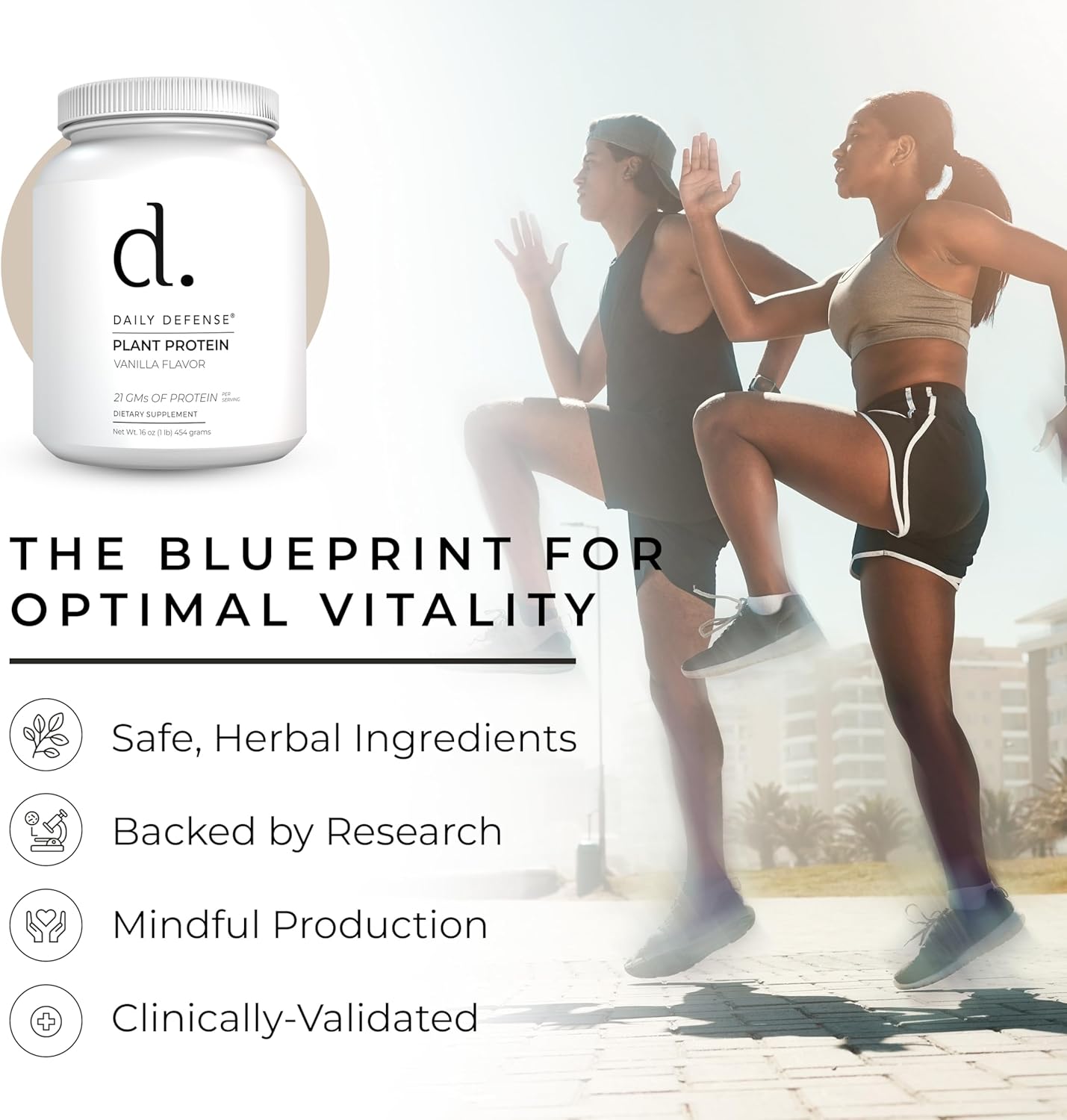 Plant-Based Vanilla Protein Powder - 454g with 21g of Vegan Protein per Serving - Low Sugar, Daily Defense Protein Powder for Women & Men