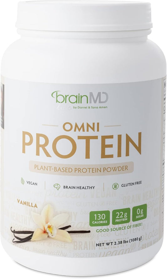 Plant-Based Vanilla Protein Powder for Energy & Recovery - 30 Servings - BrainMD Dr Amen Omni Protein - Vegan & Gluten Free