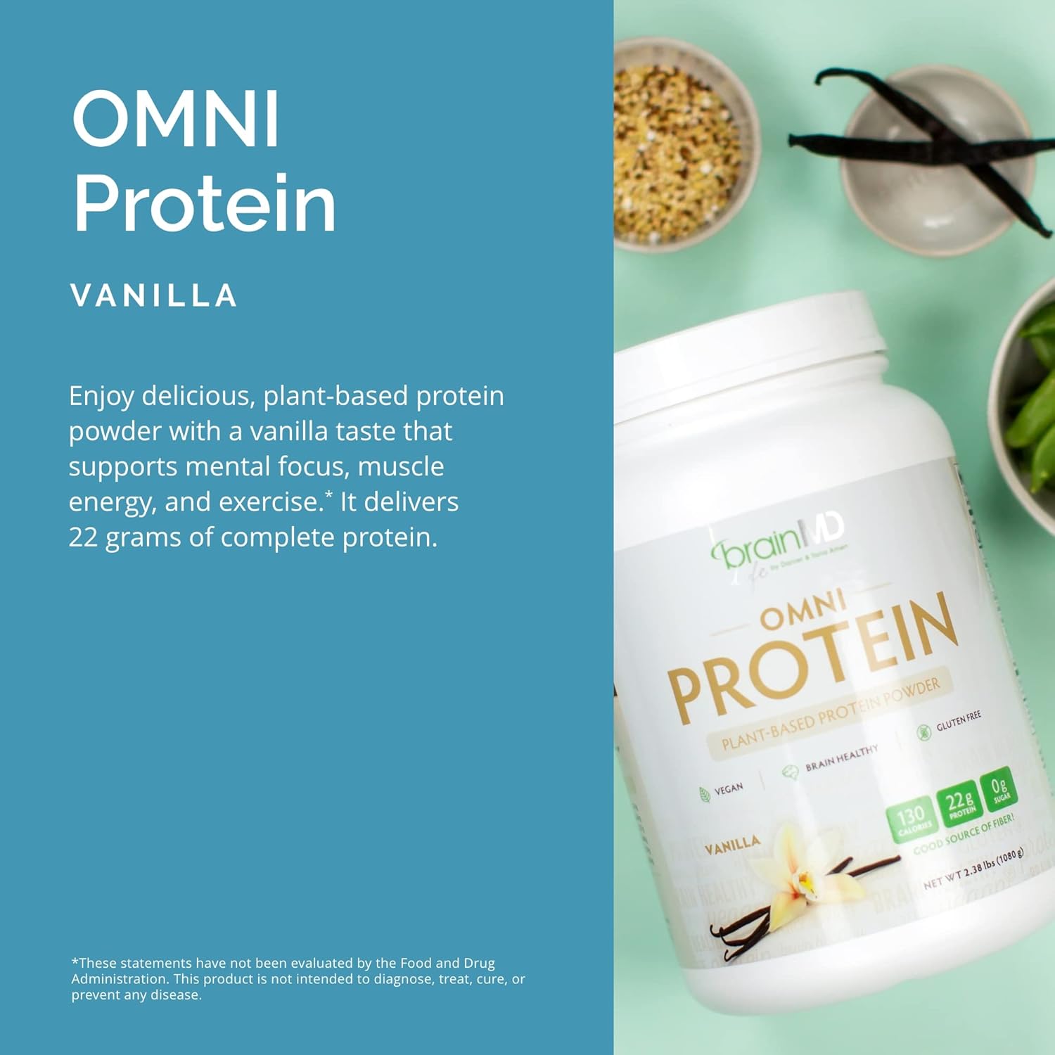 Plant-Based Vanilla Protein Powder for Energy & Recovery - 30 Servings - BrainMD Dr Amen Omni Protein - Vegan & Gluten Free