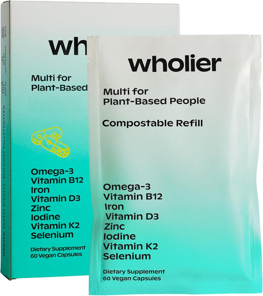 Plant-Based Vegan Multivitamin with Omega-3 DHA/EPA, Vitamin D, B12, Zinc, K2, Iron, Iodine, Selenium - 60 Count (30-Day Supply) - Compostable Refill