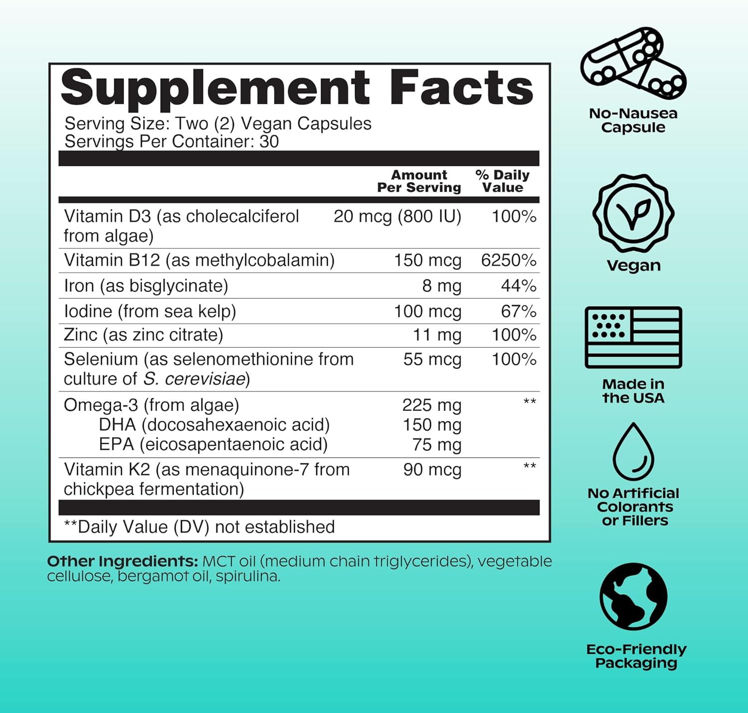Plant-Based Vegan Multivitamin with Omega-3 DHA/EPA, Vitamin D, B12, Zinc, K2, Iron, Iodine, Selenium - 60 Count (30-Day Supply) - Compostable Refill