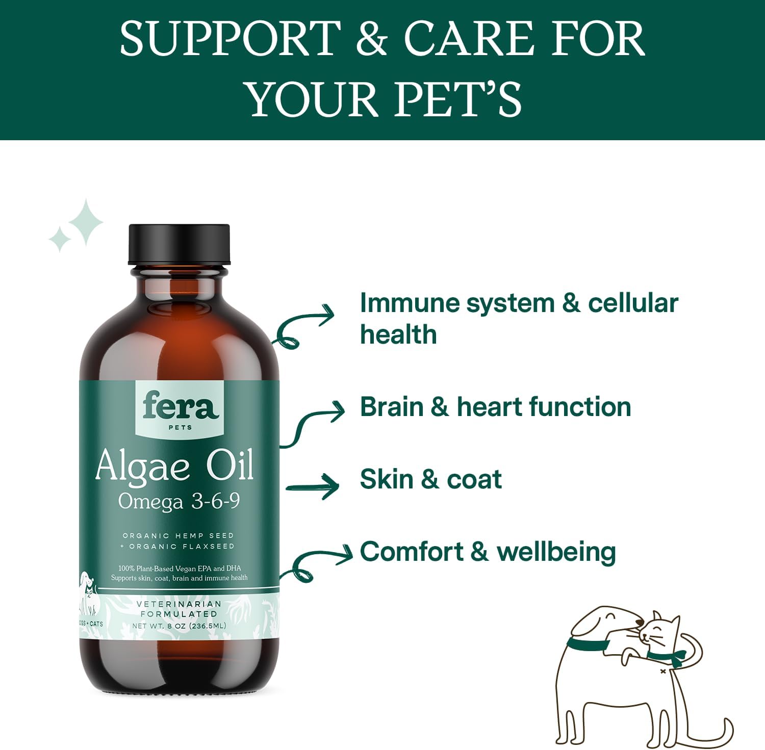 Plant-Based Vegan Omega 3 6 9 Supplement for Pets - Supports Skin, Coat, Brain, Heart, and Immune System - 8oz Bottle, 48 Servings