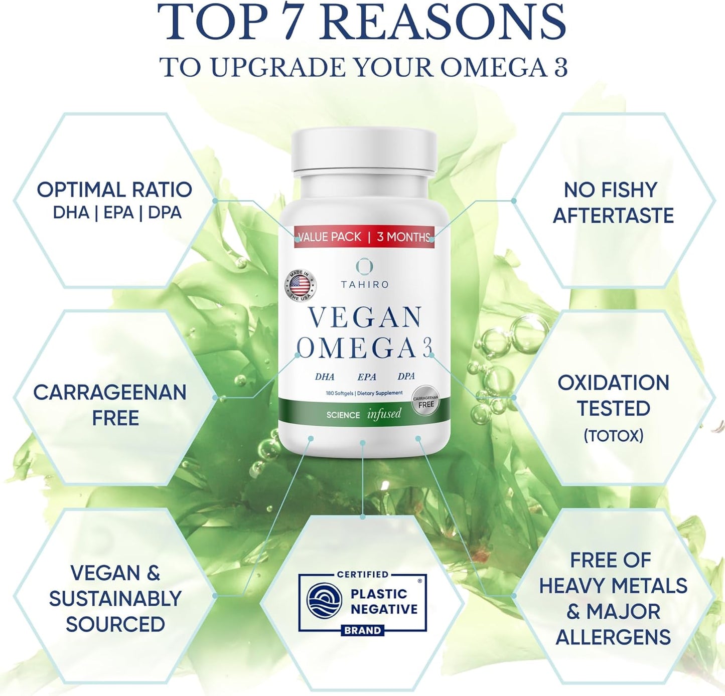 Plant-Based Vegan Omega-3 Softgels with DPA, DHA, EPA for Brain Health - Prenatal & Joint Supplements, 1000mg