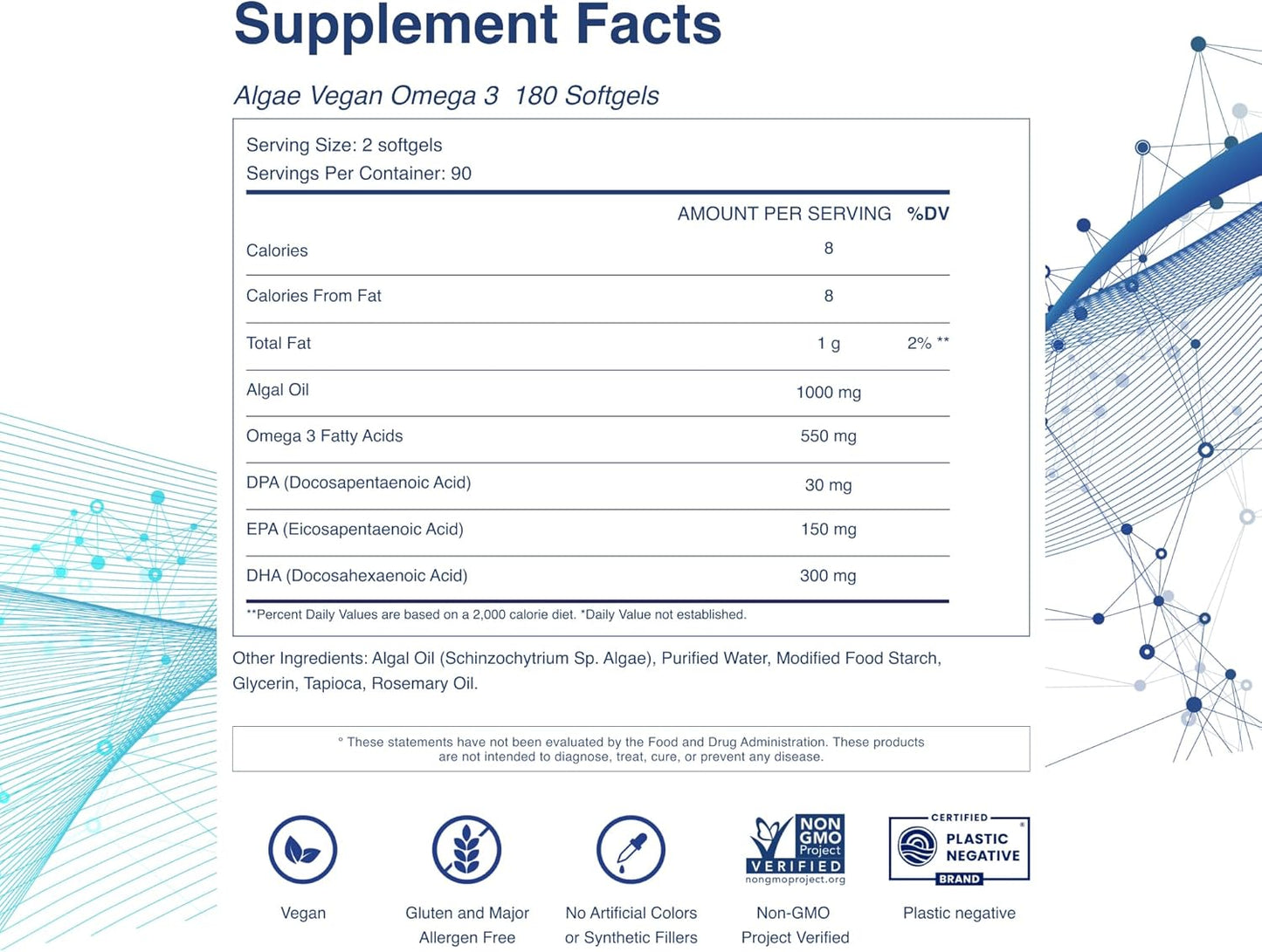 Plant-Based Vegan Omega-3 Softgels with DPA, DHA, EPA for Brain Health - Prenatal & Joint Supplements, 1000mg