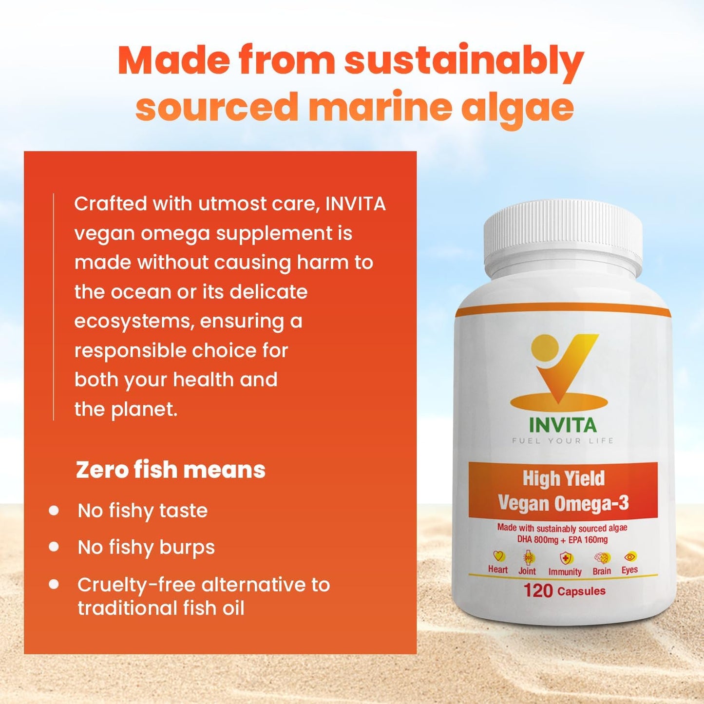 Plant-Based Vegan Omega-3 Supplement with DHA & EPA Fatty Acids - Marine Algae Capsules for Eye, Heart, Immune, Joint Health - Sustainable Option