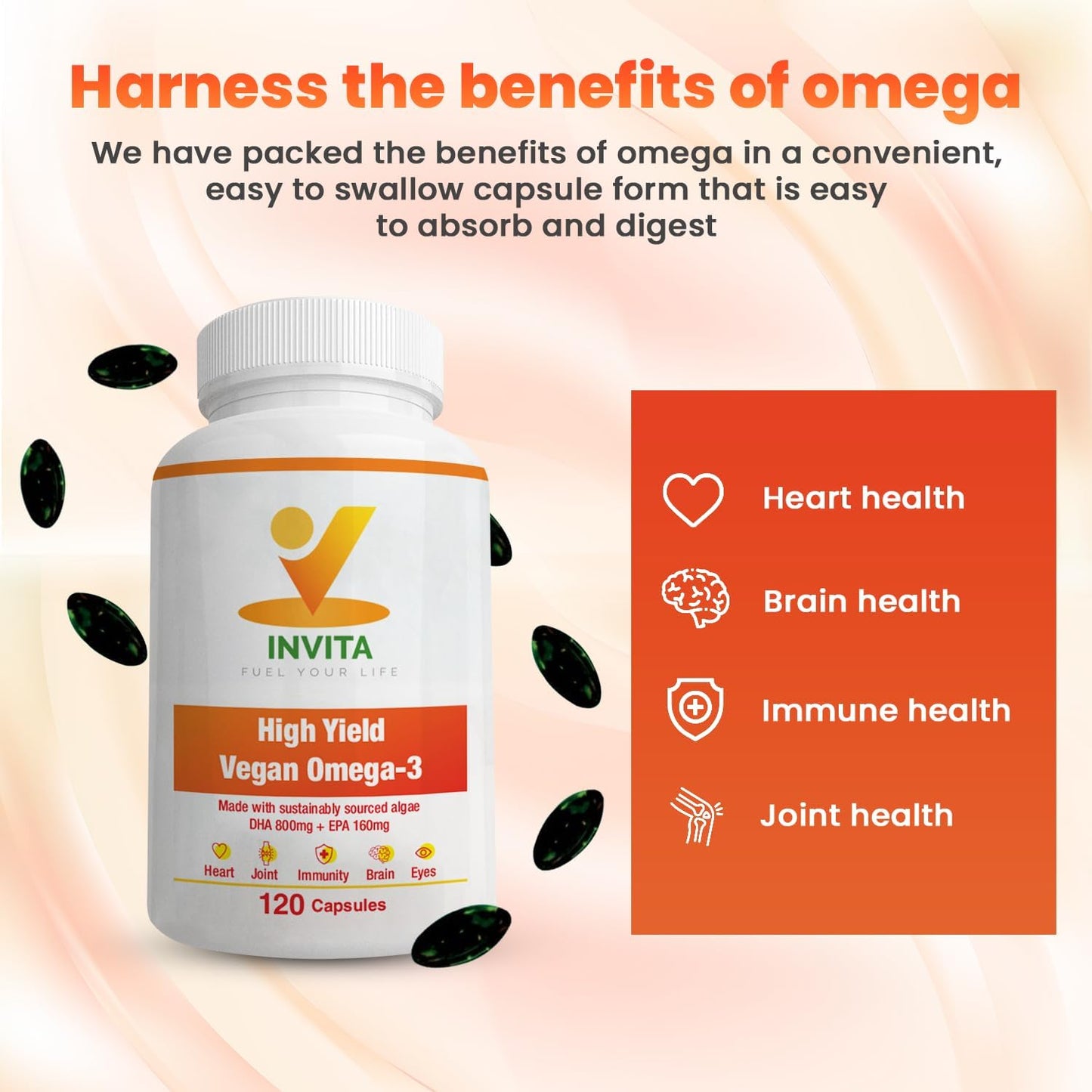 Plant-Based Vegan Omega-3 Supplement with DHA & EPA Fatty Acids - Marine Algae Capsules for Eye, Heart, Immune, Joint Health - Sustainable Option