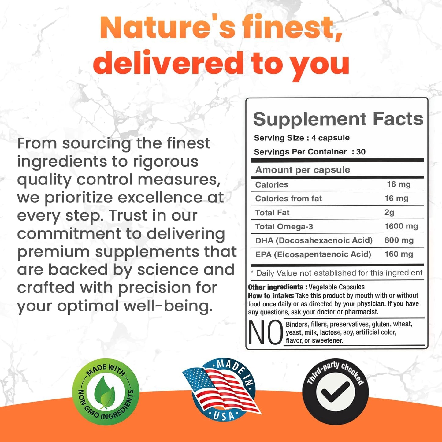 Plant-Based Vegan Omega-3 Supplement with DHA & EPA Fatty Acids - Marine Algae Capsules for Eye, Heart, Immune, Joint Health - Sustainable Option