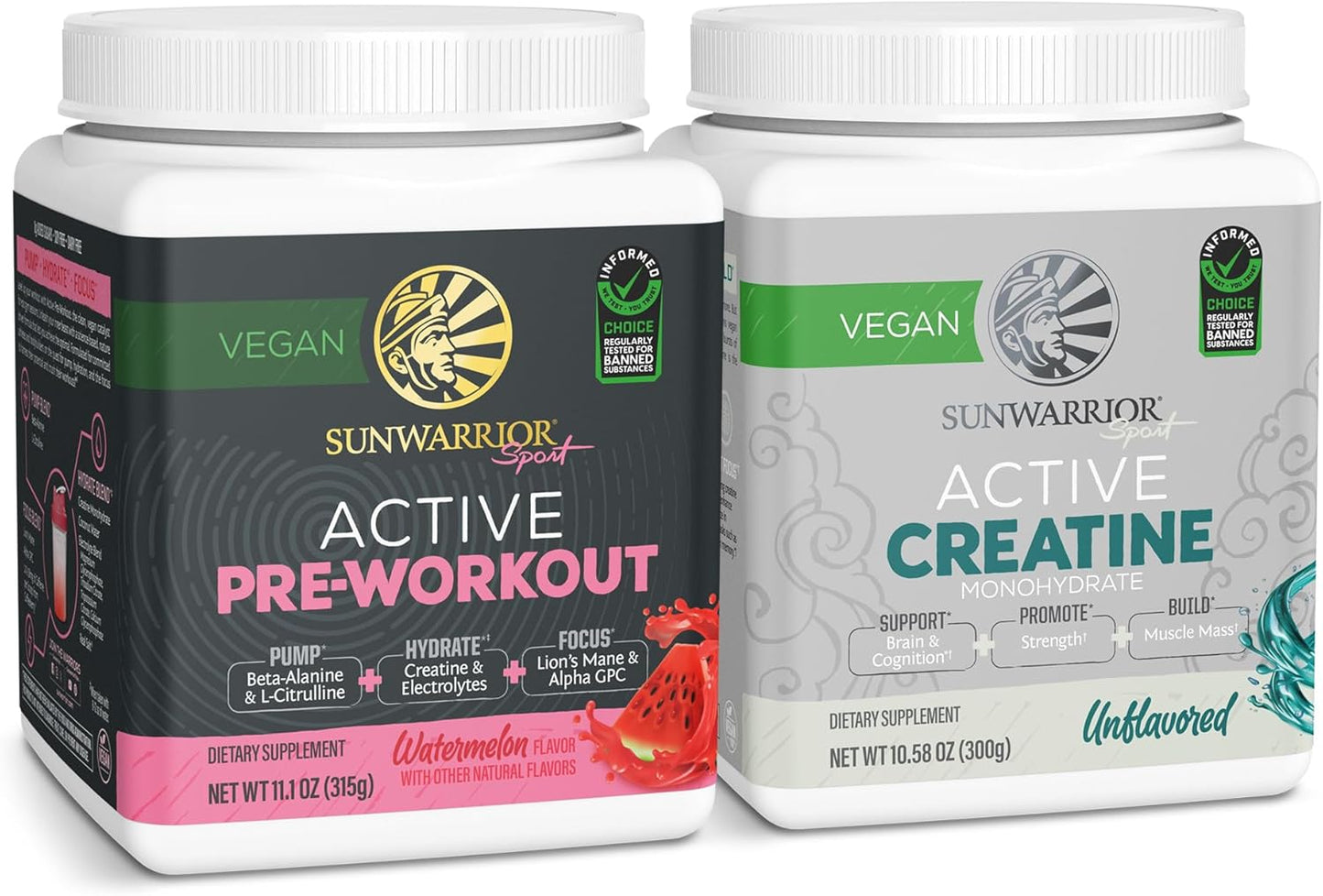 Plant-Based Vegan Sunwarrior Pre-Workout Powder with Watermelon Flavor, 30 Servings, Includes Creatine Monohydrate, Unflavored, 60 Servings