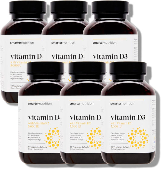 Plant-Based Vitamin D3 5000 IU + Vegan Vitamin K2 Softgels - Immune & Bone Health Supplement - 360 Count x 6 Packs - 180-Day Supply