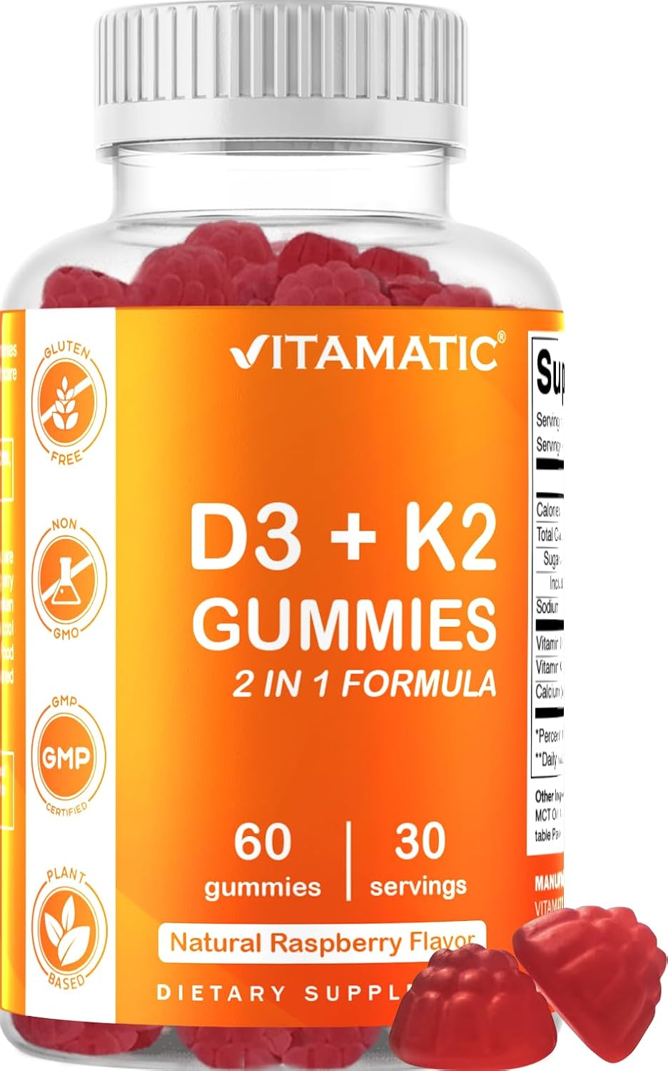 Plant-Based Vitamin D3 K2 Gummies - 60 Count - Supports Bone, Heart, & Immune Health - Non-GMO, Gluten-Free