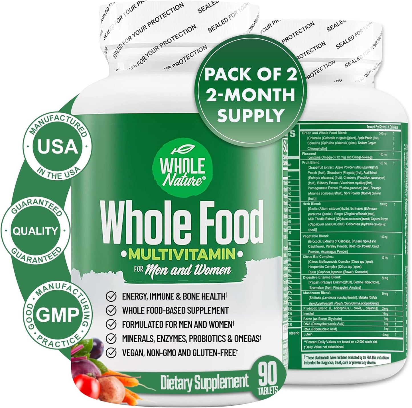 Plant Based Whole Food Multivitamin for Men and Women with Digestive Enzymes, Probiotics, and Omegas - Non-GMO Formula