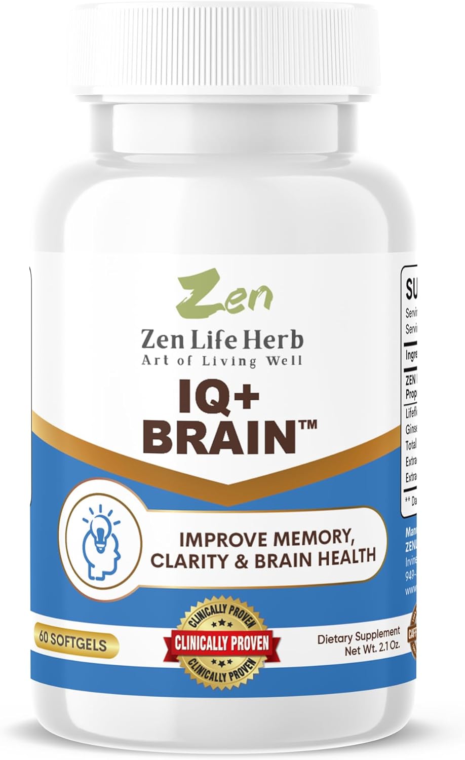 Plant-Based ZEN LIFE HERB IQ+ Brain Booster for Focus, Memory & Energy - Caffeine-Free, Clinically Tested Herbal Supplement (60 Softgels)