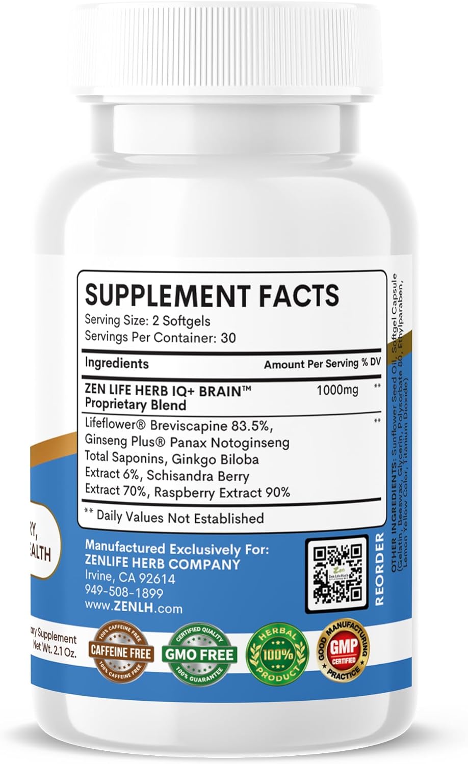 Plant-Based ZEN LIFE HERB IQ+ Brain Booster for Focus, Memory & Energy - Caffeine-Free, Clinically Tested Herbal Supplement (60 Softgels)