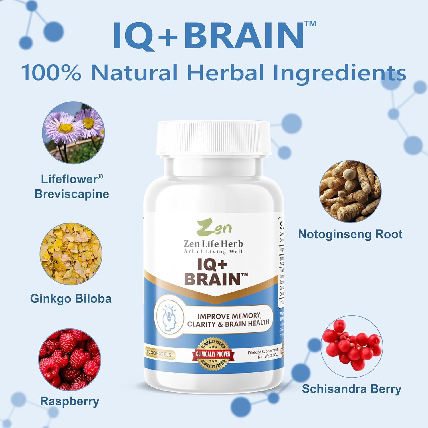 Plant-Based ZEN LIFE HERB IQ+ Brain Booster for Focus, Memory & Energy - Caffeine-Free, Clinically Tested Herbal Supplement (60 Softgels)