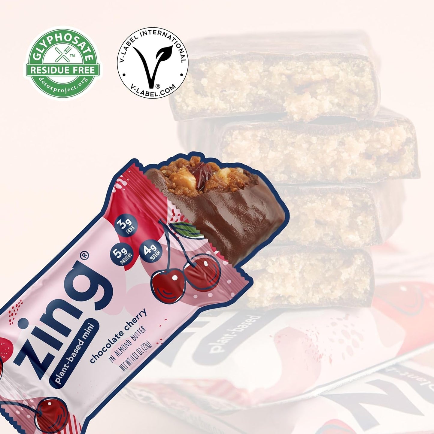 Plant-Based Zing Dark Chocolate Cherry Kids Protein Bars - 18 Count, High Protein, Vegan, Gluten-Free, 100 Calorie Mini Bars, Dairy-Free, Kosher, Low Sugar
