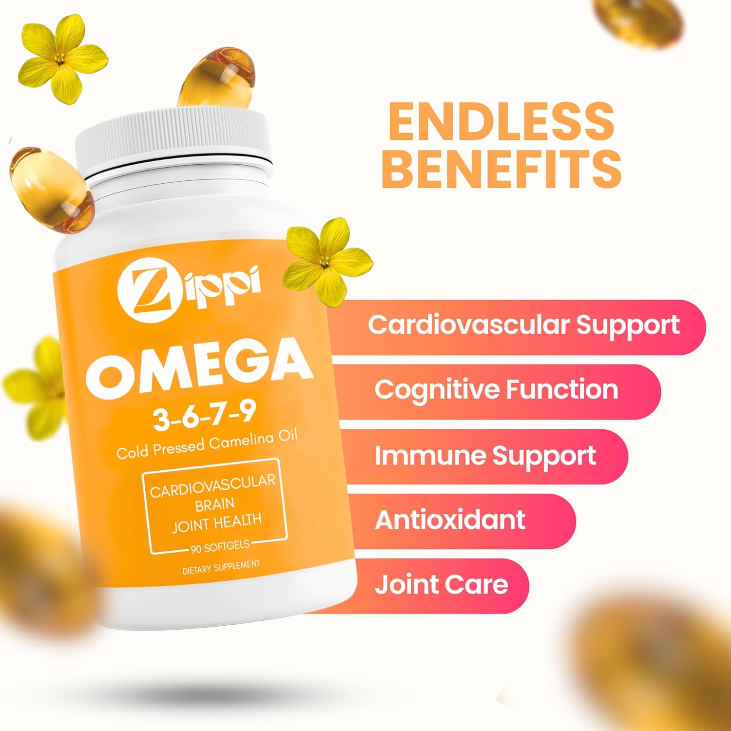 Plant Based Zippi Omega 3-6-7-9 Softgels for Brain, Liver, Cardiovascular, Immunity, and Joint Support