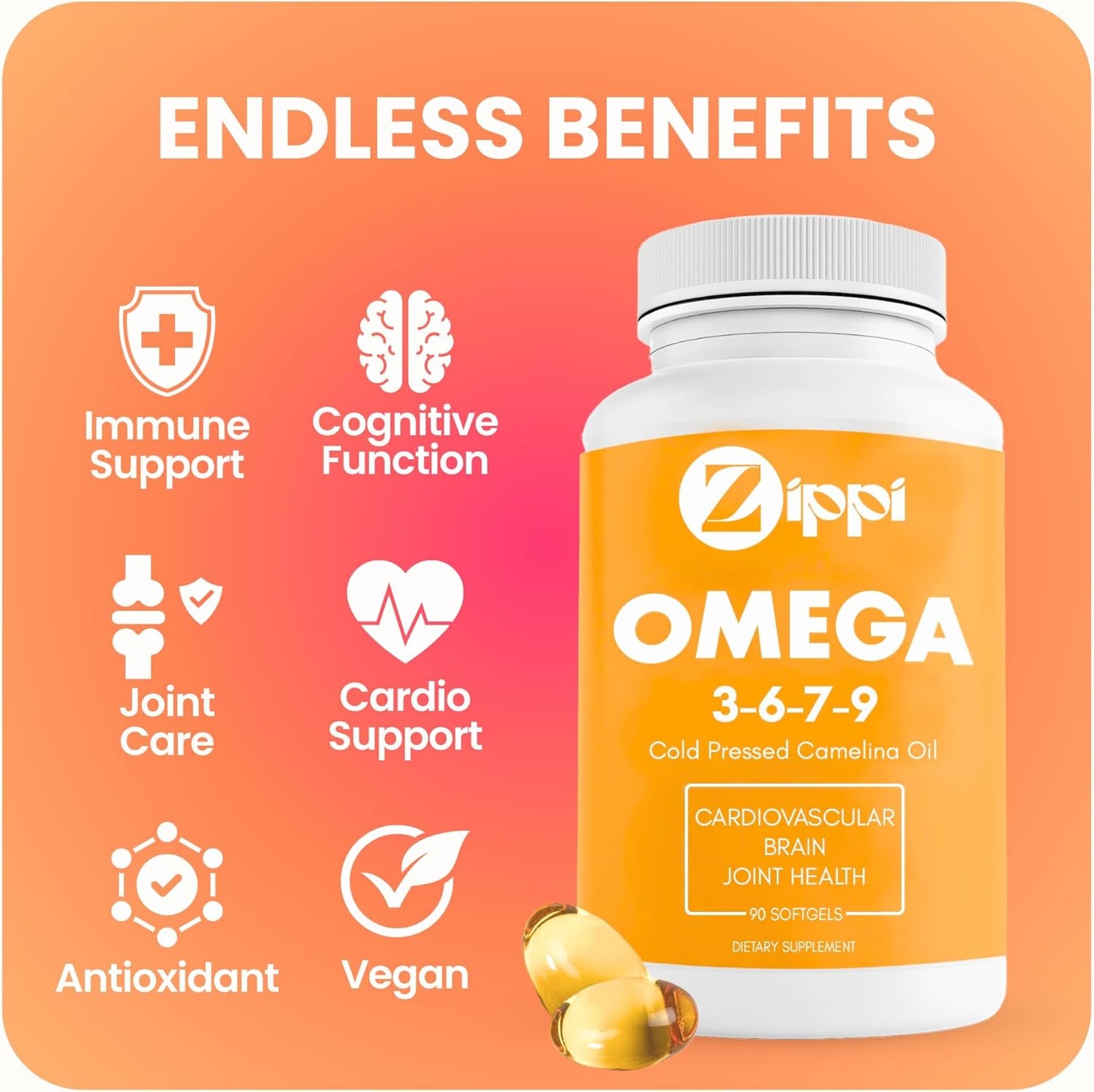 Plant Based Zippi Omega 3-6-7-9 Softgels for Brain, Liver, Cardiovascular, Immunity, and Joint Support
