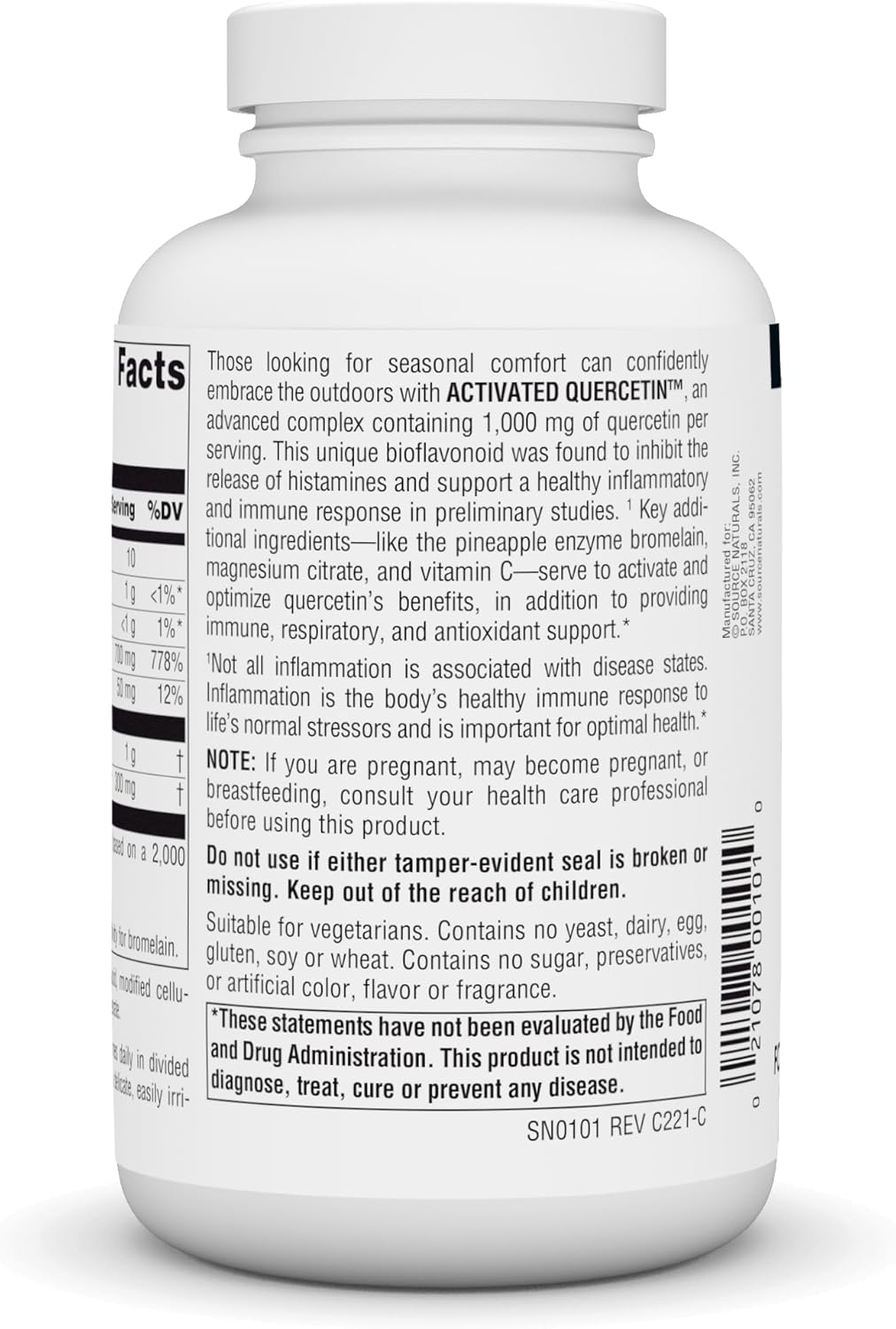 Plant-Derived Quercetin Complex for Seasonal & Immune Defense - 200 Vegetarian Tablets by Source Naturals