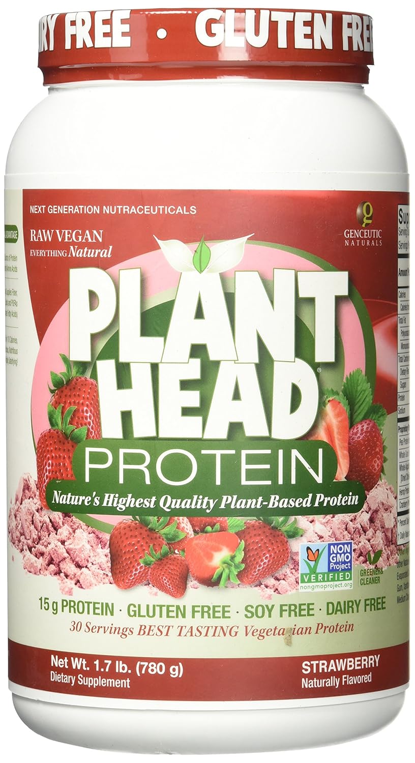 Plant Head Protein by Genceutic Naturals: Best Tasting Strawberry Raw Vegan Supplement - Gluten, Soy, Dairy, GMO Free - 30 Servings (1.8 lbs)