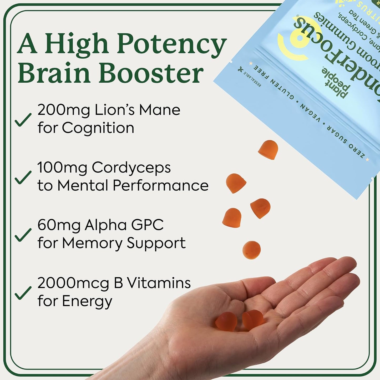 Plant People WonderFocus Mushroom Gummies Mini - Nootropic Brain Supplement with Lion’s Mane & Cordyceps for Memory, Focus, Energy, and Mood - Vegan Citrus Flavor Trial Size