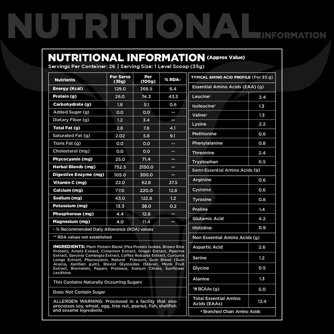 Plant Protein with Superfood PHYCOCYANIN & Ayurvedic Herbs for Muscle Support & Recovery, Madagascar Vanilla, 2Lb