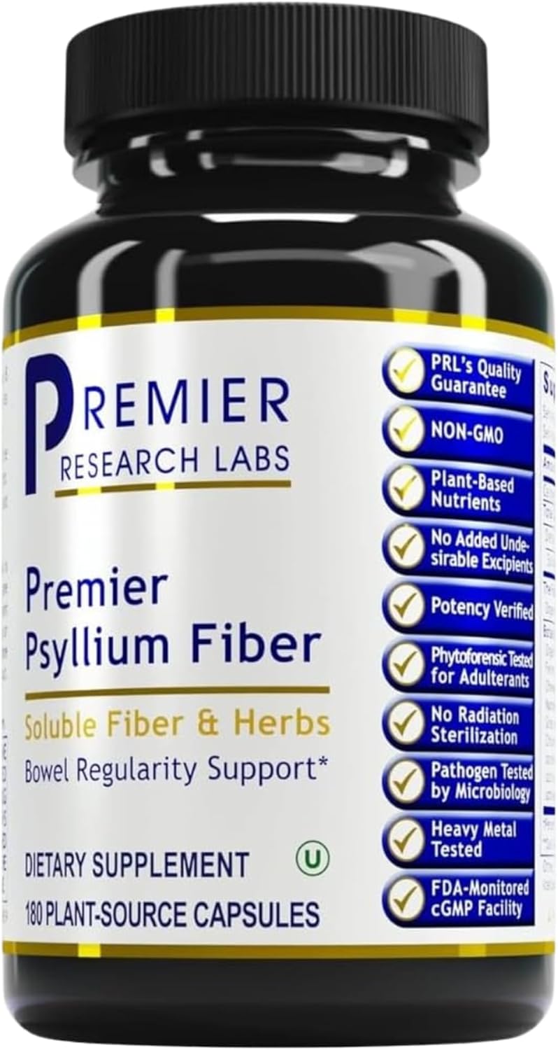 Plant-Source Psyllium Fiber Supplement for Digestive Gut Health - Supports Regularity and Intestinal Health - 180 Capsules