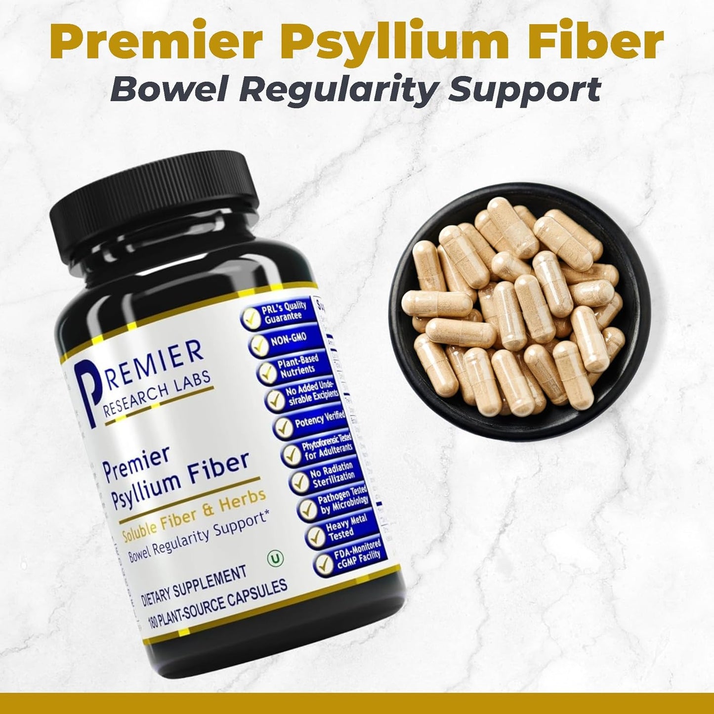 Plant-Source Psyllium Fiber Supplement for Digestive Gut Health - Supports Regularity and Intestinal Health - 180 Capsules