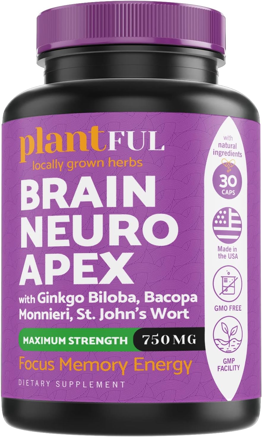 Plantful Research Nootropic Brain Supplement for Adults | Boost Focus, Energy, Memory, and Clarity with Fast-Absorbing Brain Vitamins containing Ginkgo Biloba, St. John's Wort, and Bacopa Monnieri