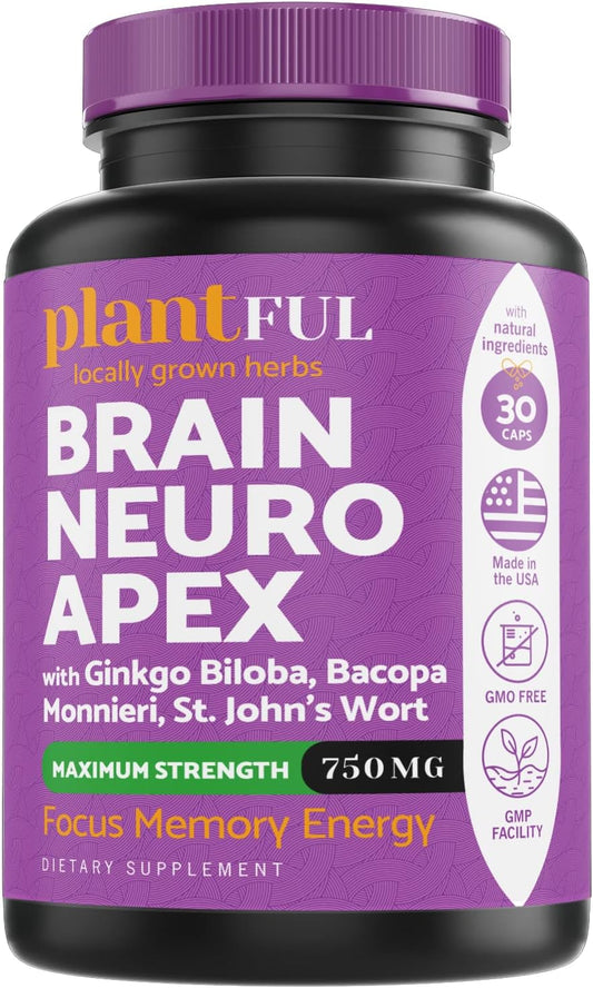 Plantful Research Nootropic Brain Supplement for Adults | Boost Focus, Energy, Memory, and Clarity with Fast-Absorbing Brain Vitamins containing Ginkgo Biloba, St. John's Wort, and Bacopa Monnieri