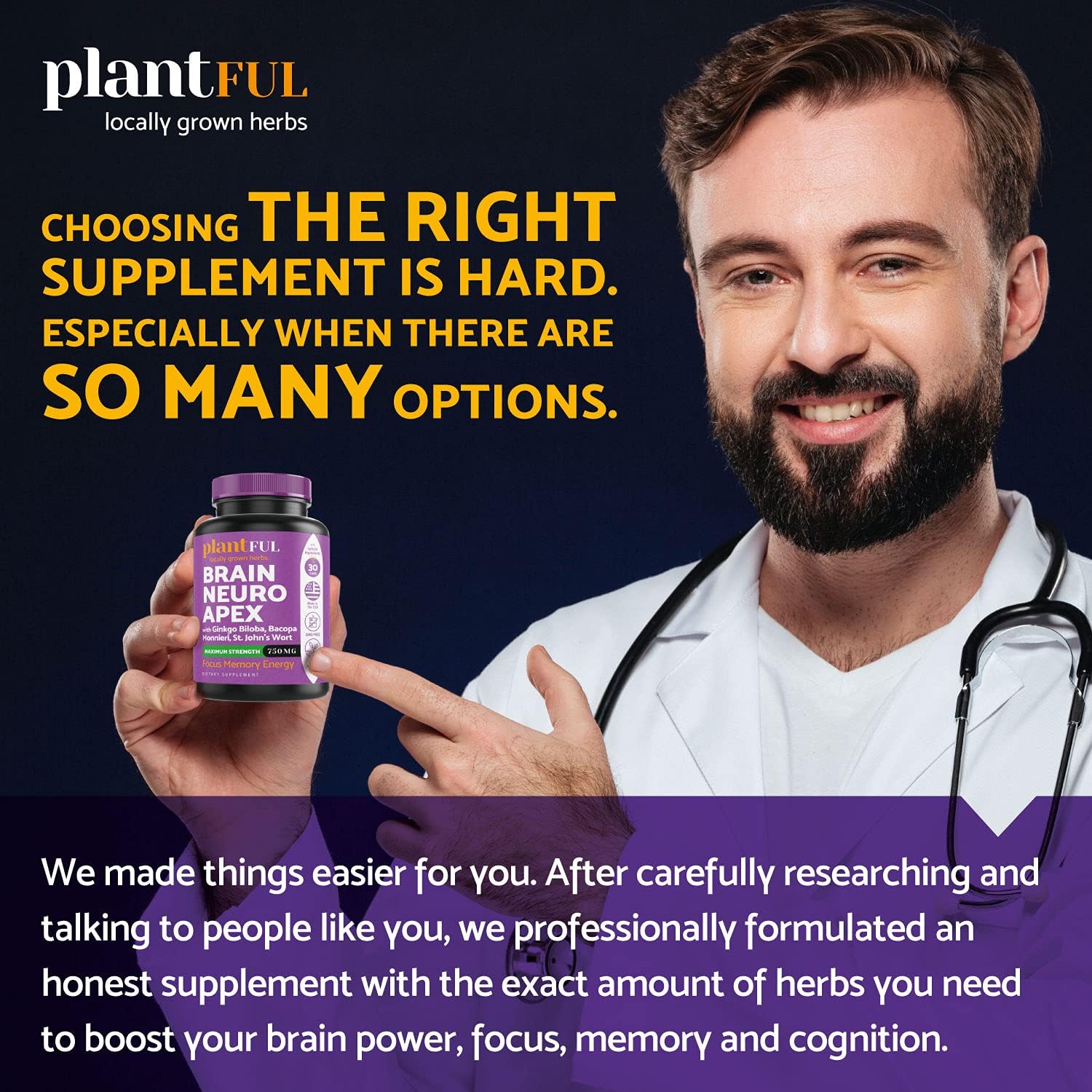 Plantful Research Nootropic Brain Supplement for Adults | Boost Focus, Energy, Memory, and Clarity with Fast-Absorbing Brain Vitamins containing Ginkgo Biloba, St. John's Wort, and Bacopa Monnieri