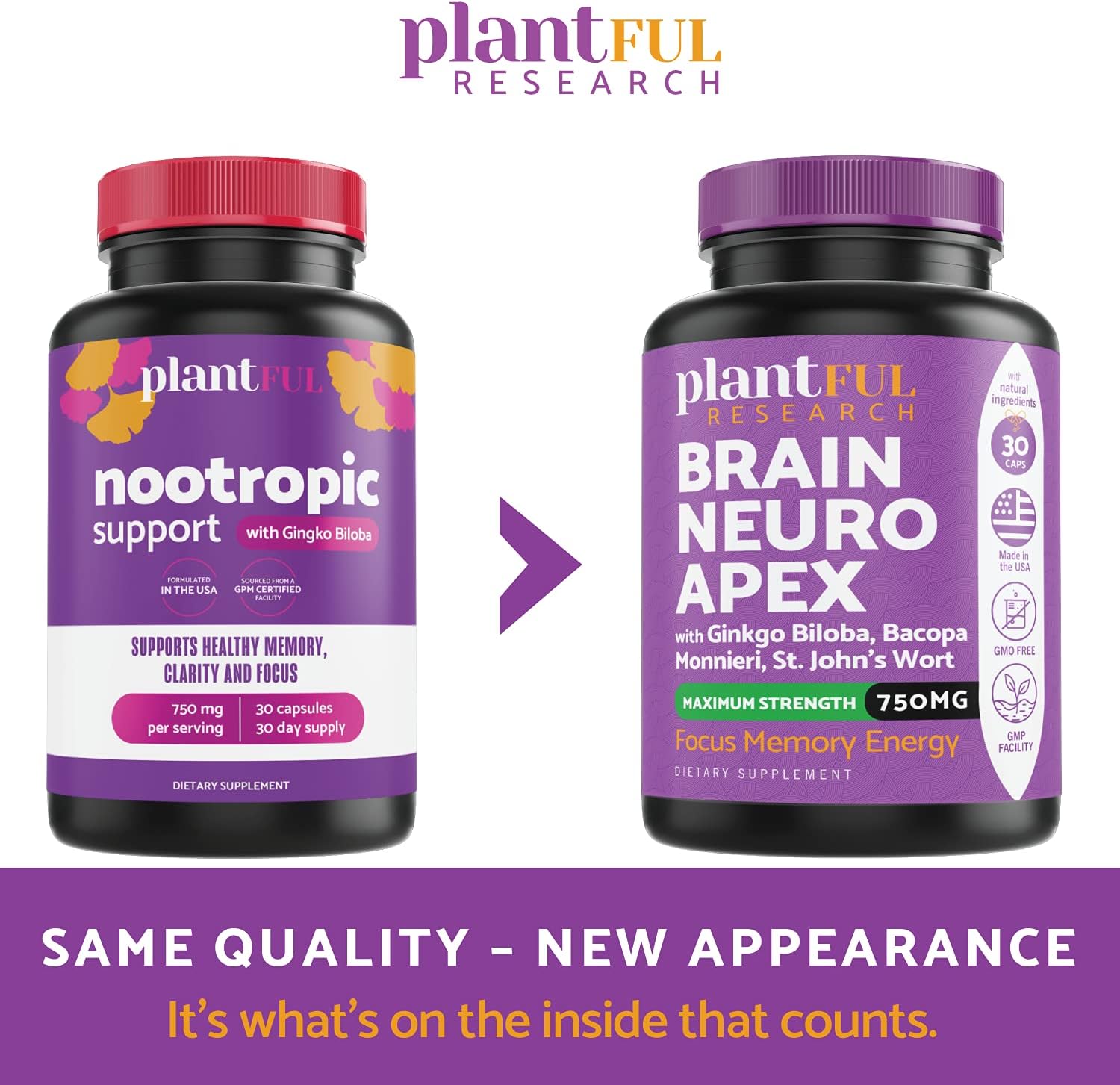 Plantful Research Nootropic Brain Supplement for Adults | Boost Focus, Energy, Memory, and Clarity with Fast-Absorbing Brain Vitamins containing Ginkgo Biloba, St. John's Wort, and Bacopa Monnieri